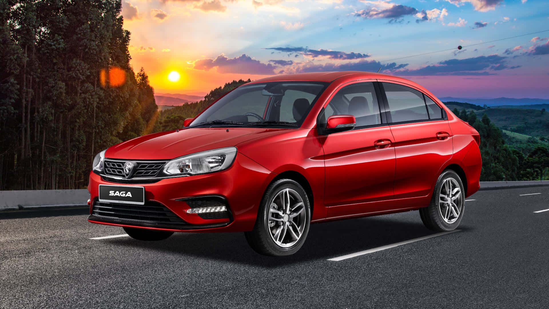 Proton Saga, glossy red, winding road, Full HD Desktop Wallpaper