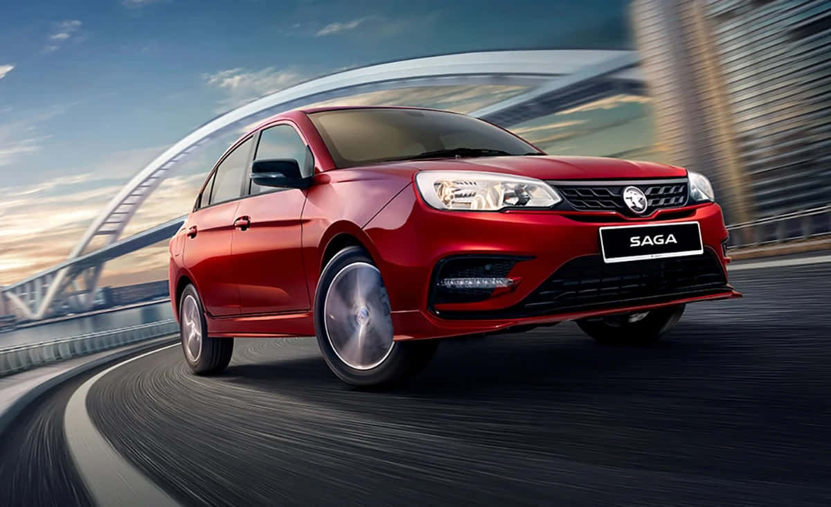 Red Proton Saga, curved highway, modern arched bridge, SD Desktop Wallpaper