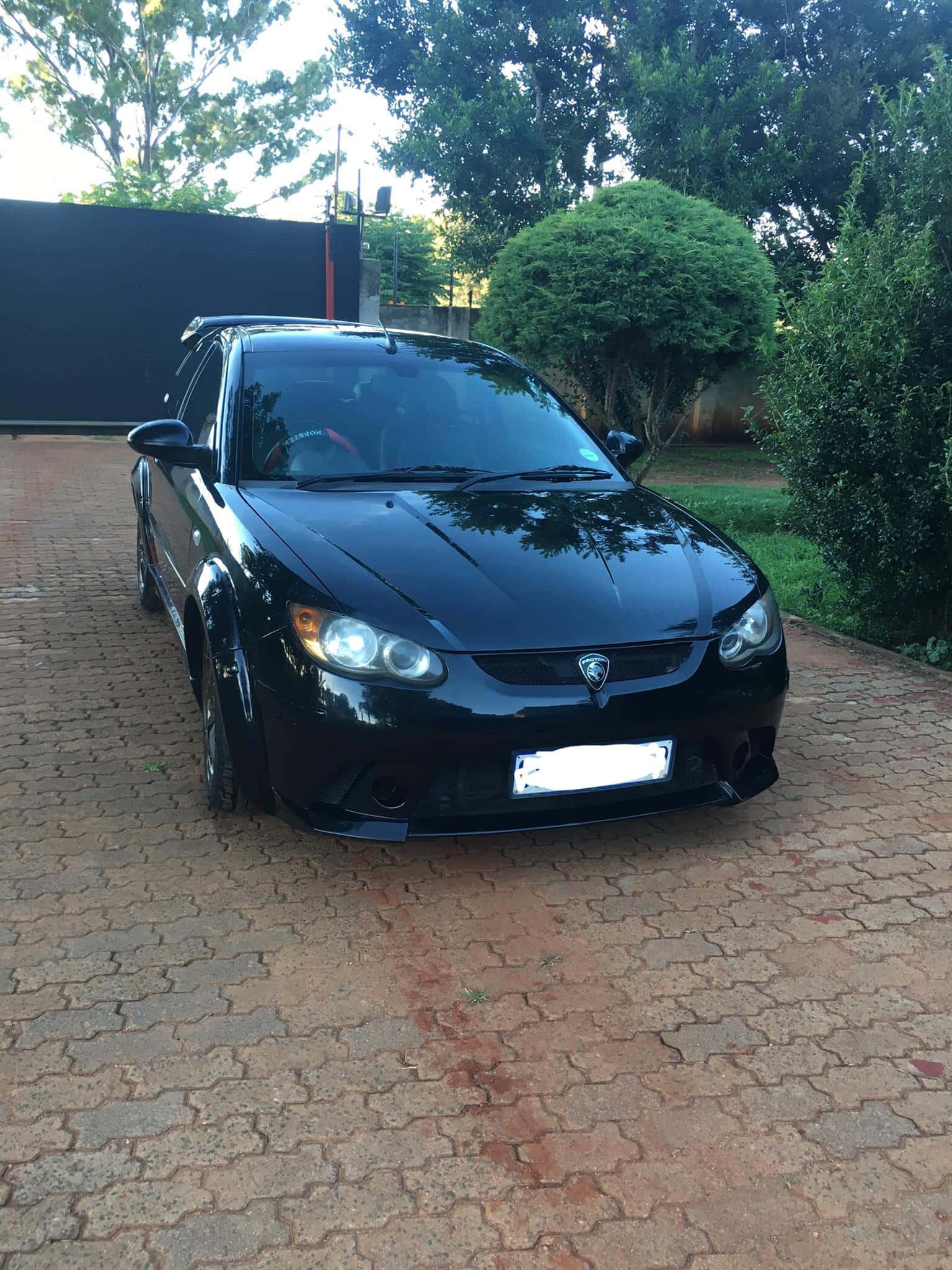 Proton Satria-Neo, glossy black, red brick driveway, Full HD Phone Wallpaper