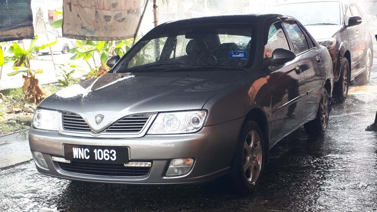 Proton Waja, grey model, wet road, HD Desktop Wallpaper