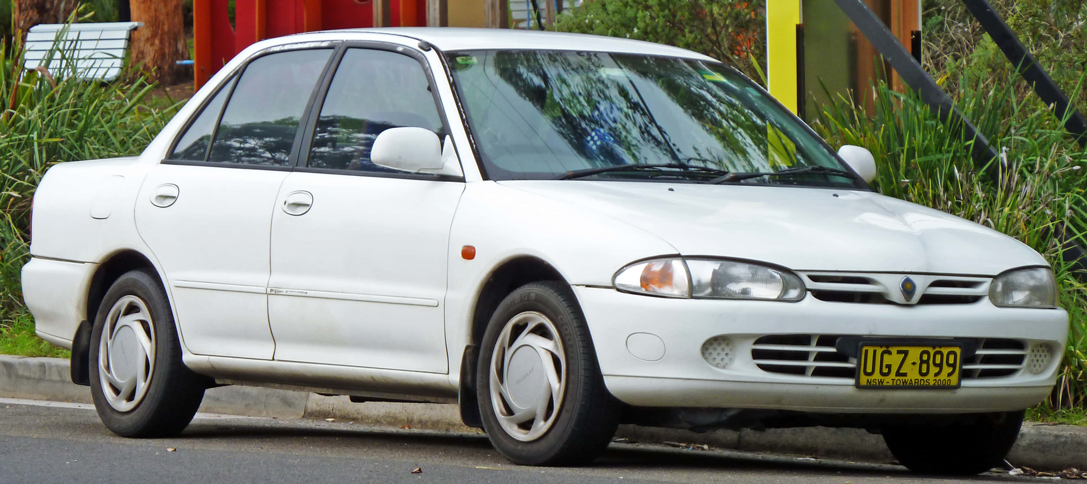 Proton Wira, white sedan, street, 2K Desktop Wallpaper