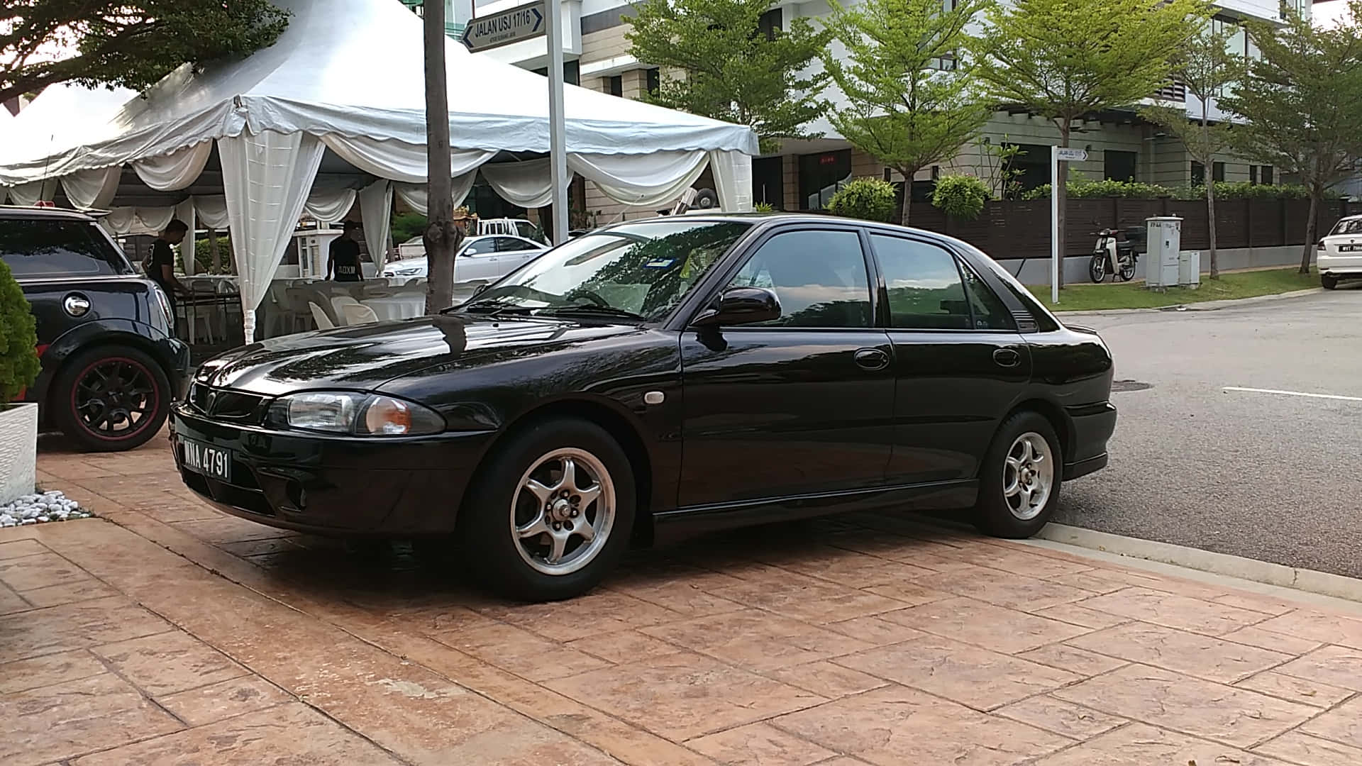 Proton Wira, black sedan, tiled sidewalk, Full HD Desktop Wallpaper