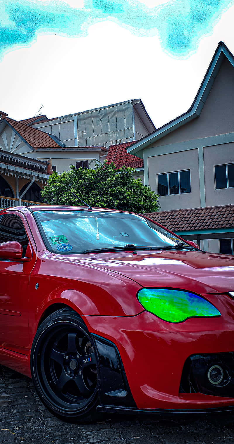 Red Proton Wira, glossy red, neon green headlights, HD Phone Wallpaper