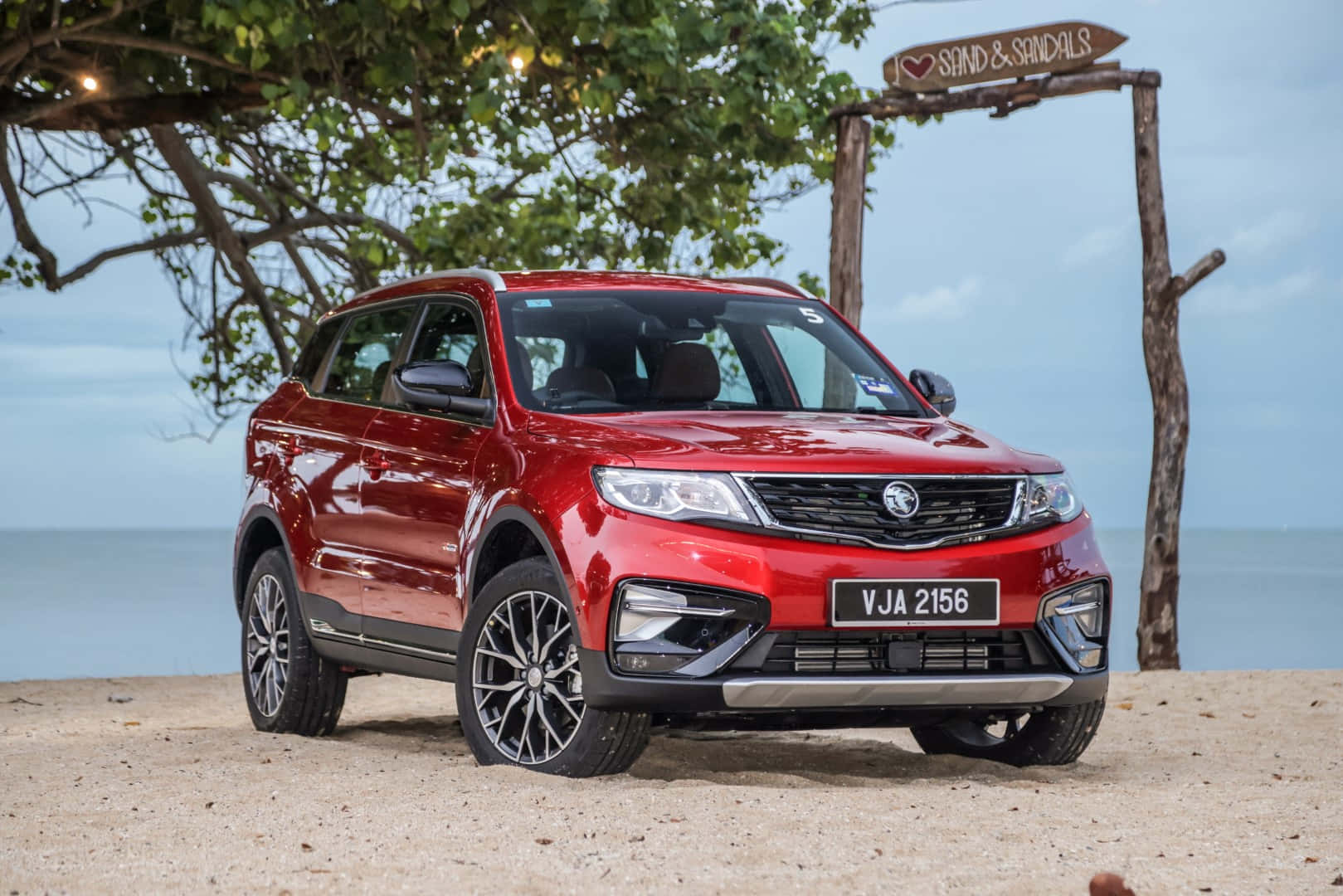 Proton X70, glossy red, sandy beach, HD Desktop Wallpaper
