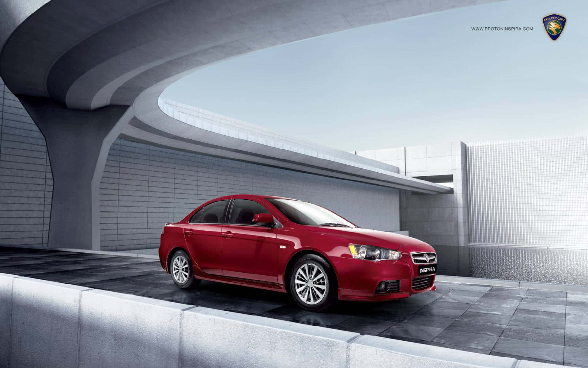 Proton, glossy red sedan, modern concrete archway, Full HD Desktop Wallpaper
