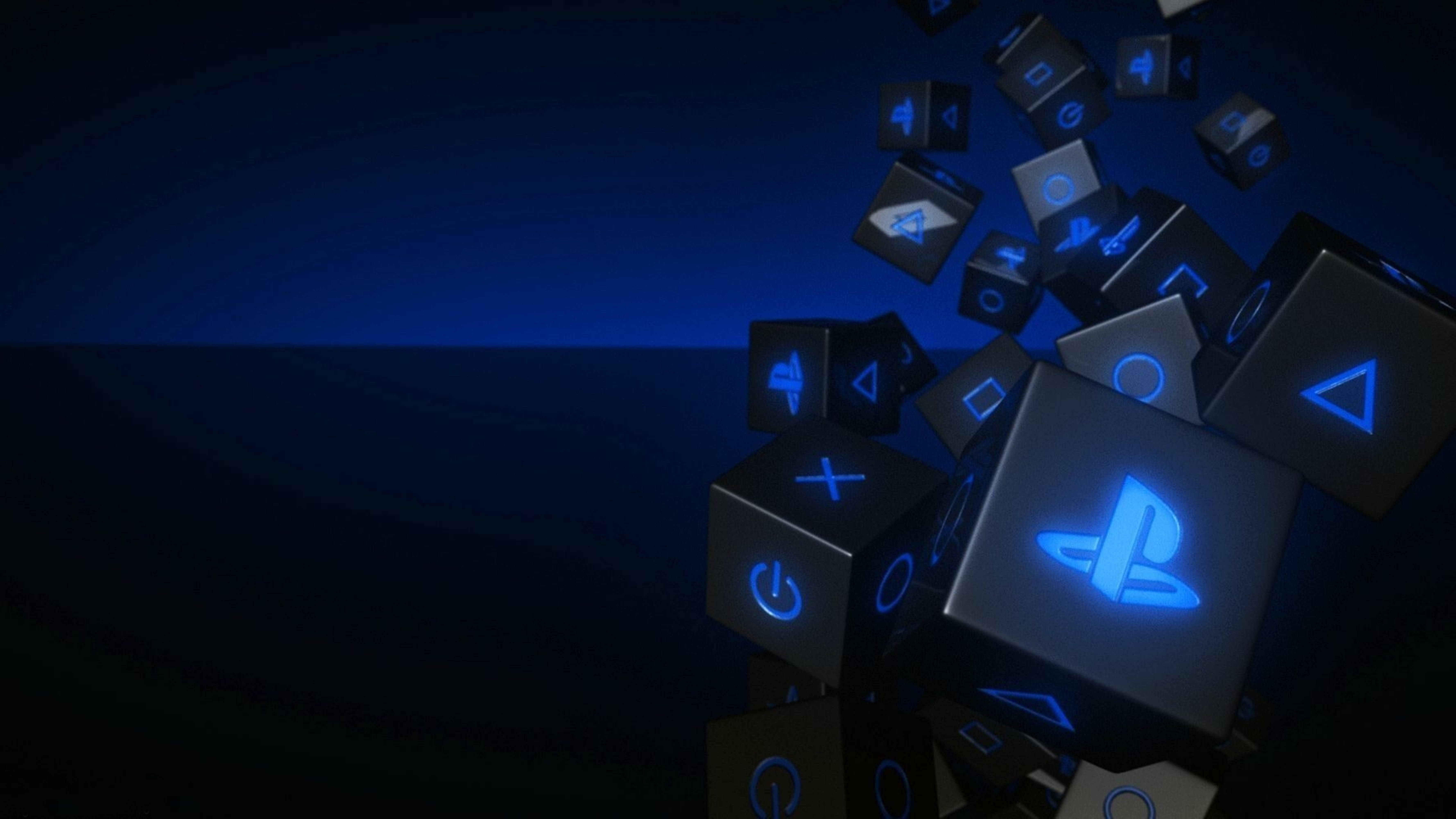 PlayStation controller symbols, glowing blue, deep blue gradient background, 5K Desktop Wallpaper