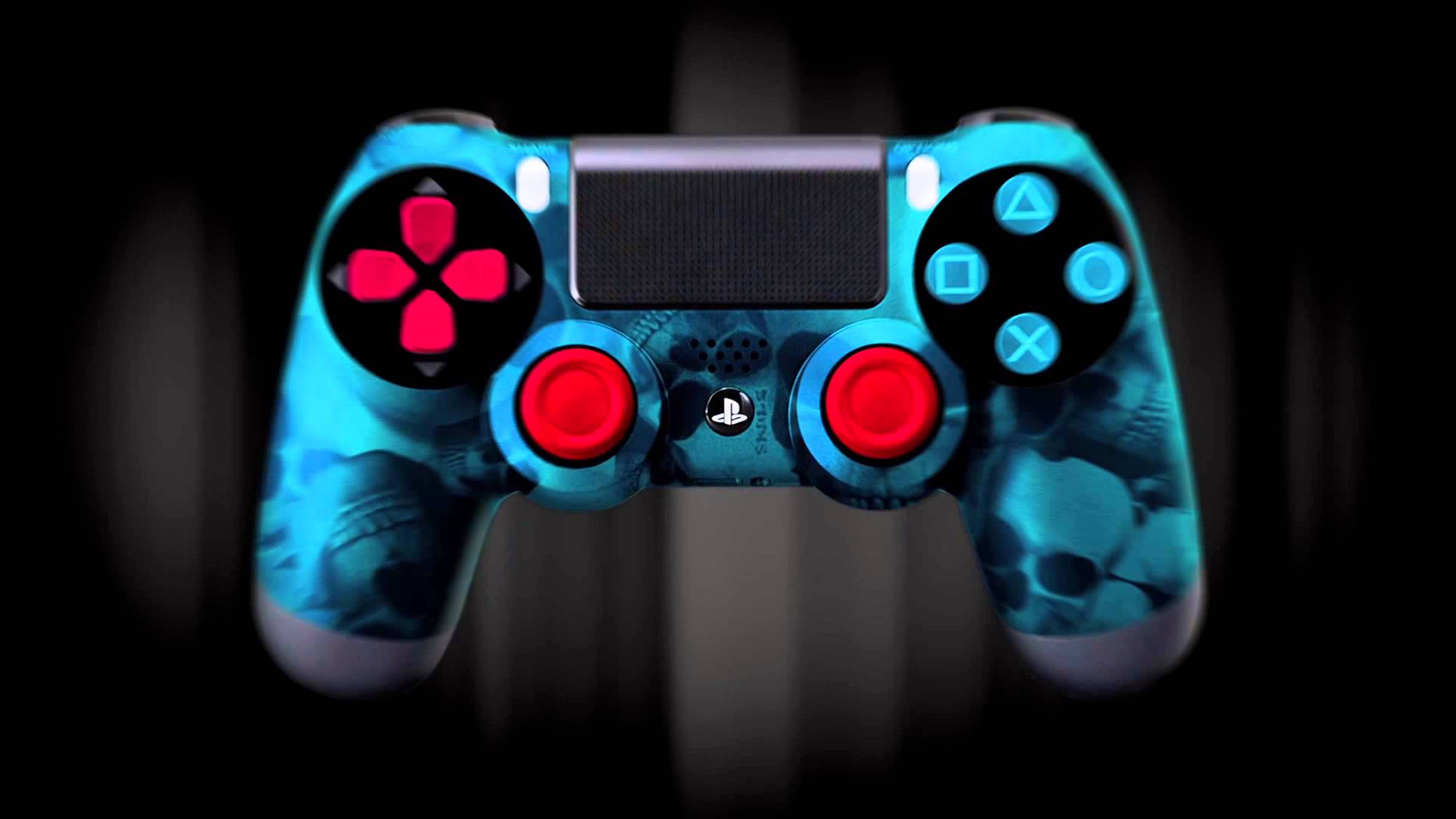 PS4, neon skull decal, glowing blue PlayStation controller, 5K Desktop Wallpaper