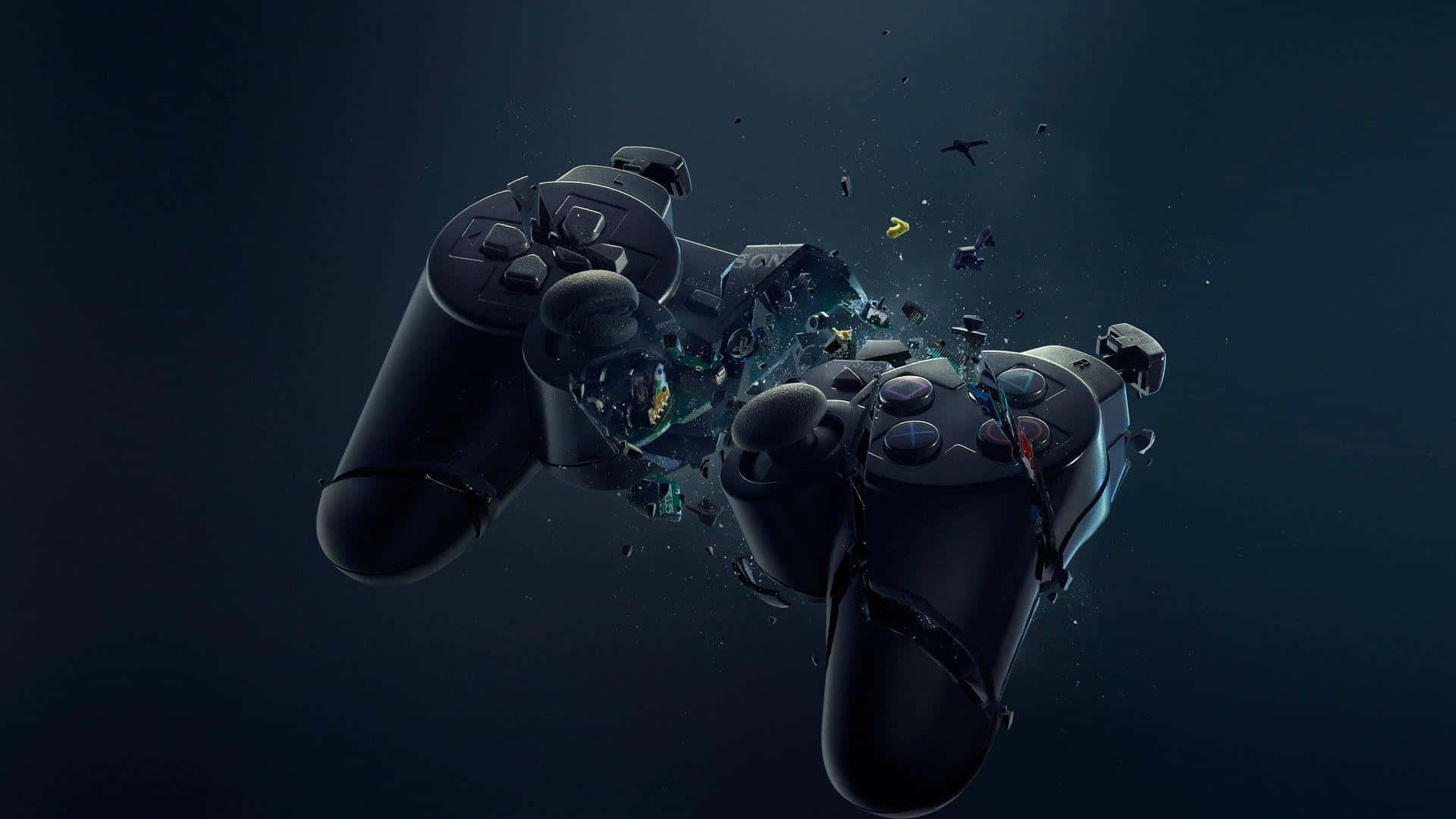 PS4 Theme, black gaming controllers, dark blue background, Full HD Desktop Wallpaper