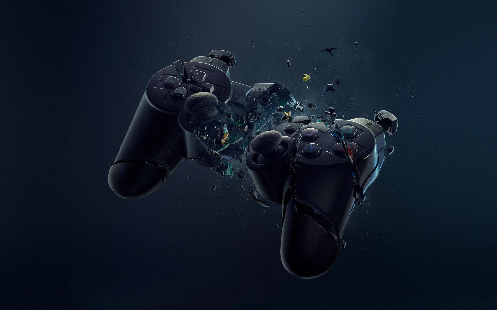 PS4, black gaming controllers, shatter, Full HD Desktop Wallpaper