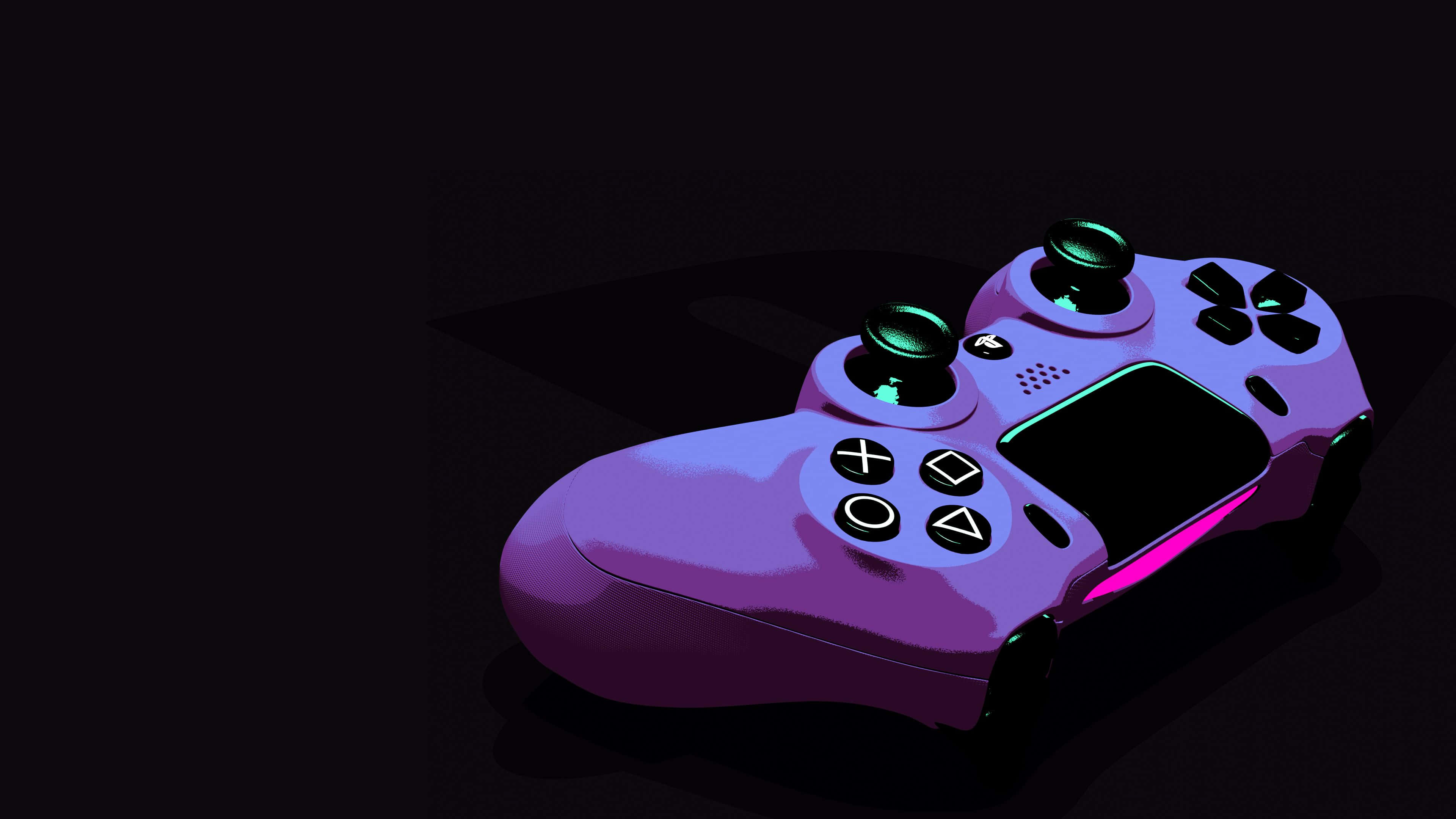 Purple Ps5 Controller, glossy purple, glowing green joysticks, 4K Desktop Wallpaper