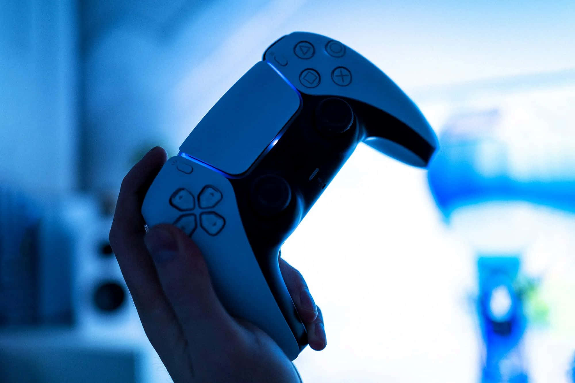 PS5 Controller, white, glowing blue, Full HD Desktop Wallpaper