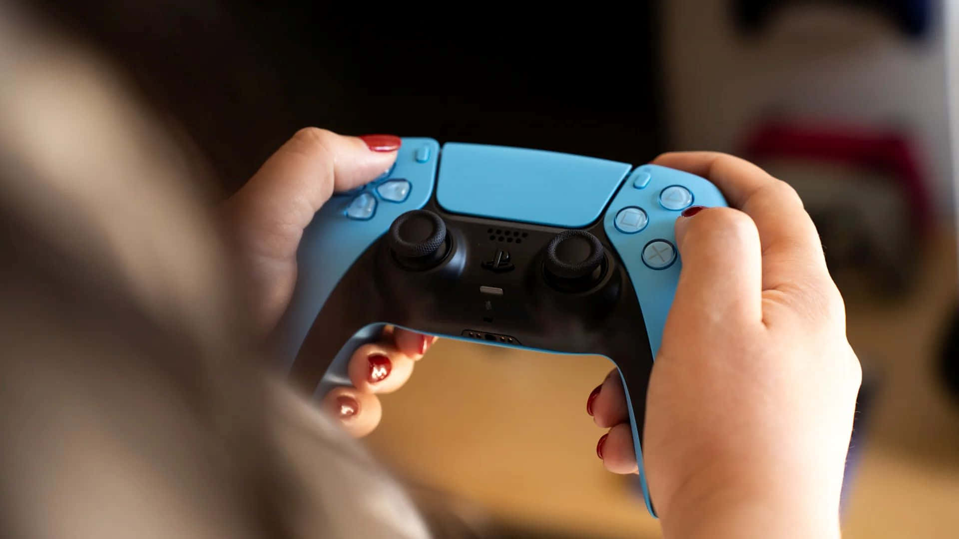 PS5 Controller, red nail polish, light blue, Full HD Desktop Wallpaper