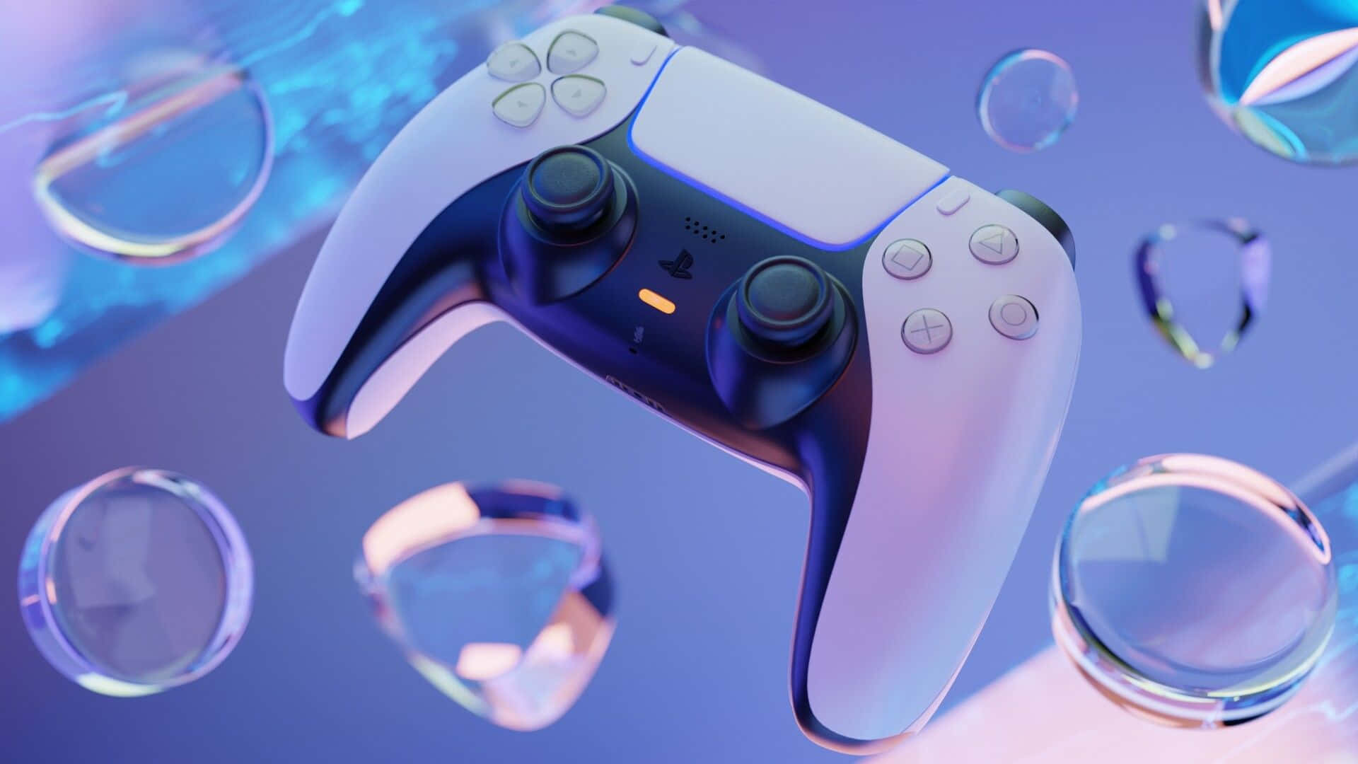 PS5 Controller, white and blue, glowing translucent bubbles, Full HD Desktop Wallpaper