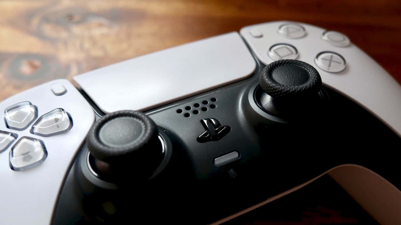 PS5 Controller, white and black, wooden surface, HD Desktop Wallpaper