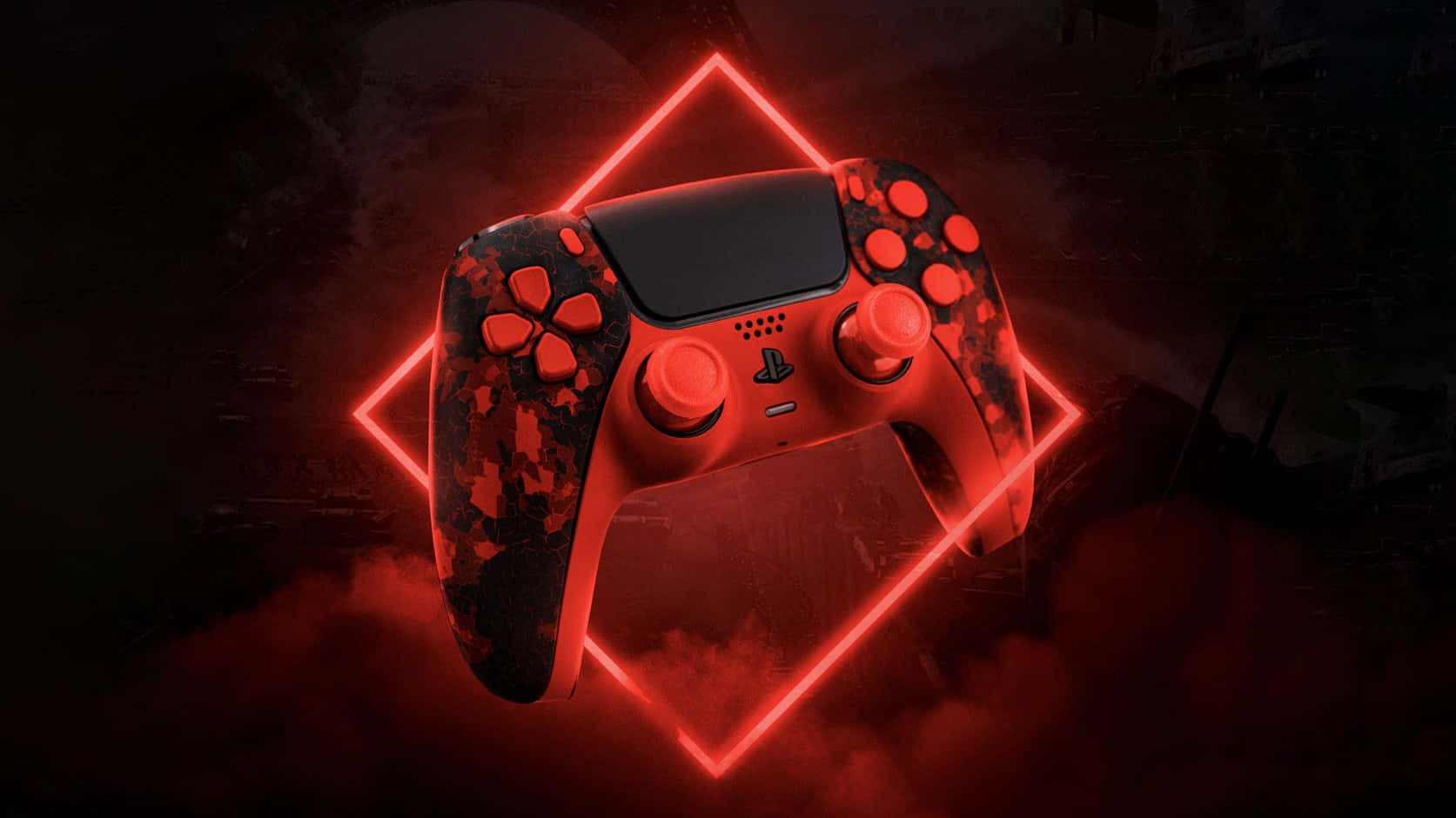 PS5 Controller, red and black, neon red diamond frame, HD Desktop Wallpaper
