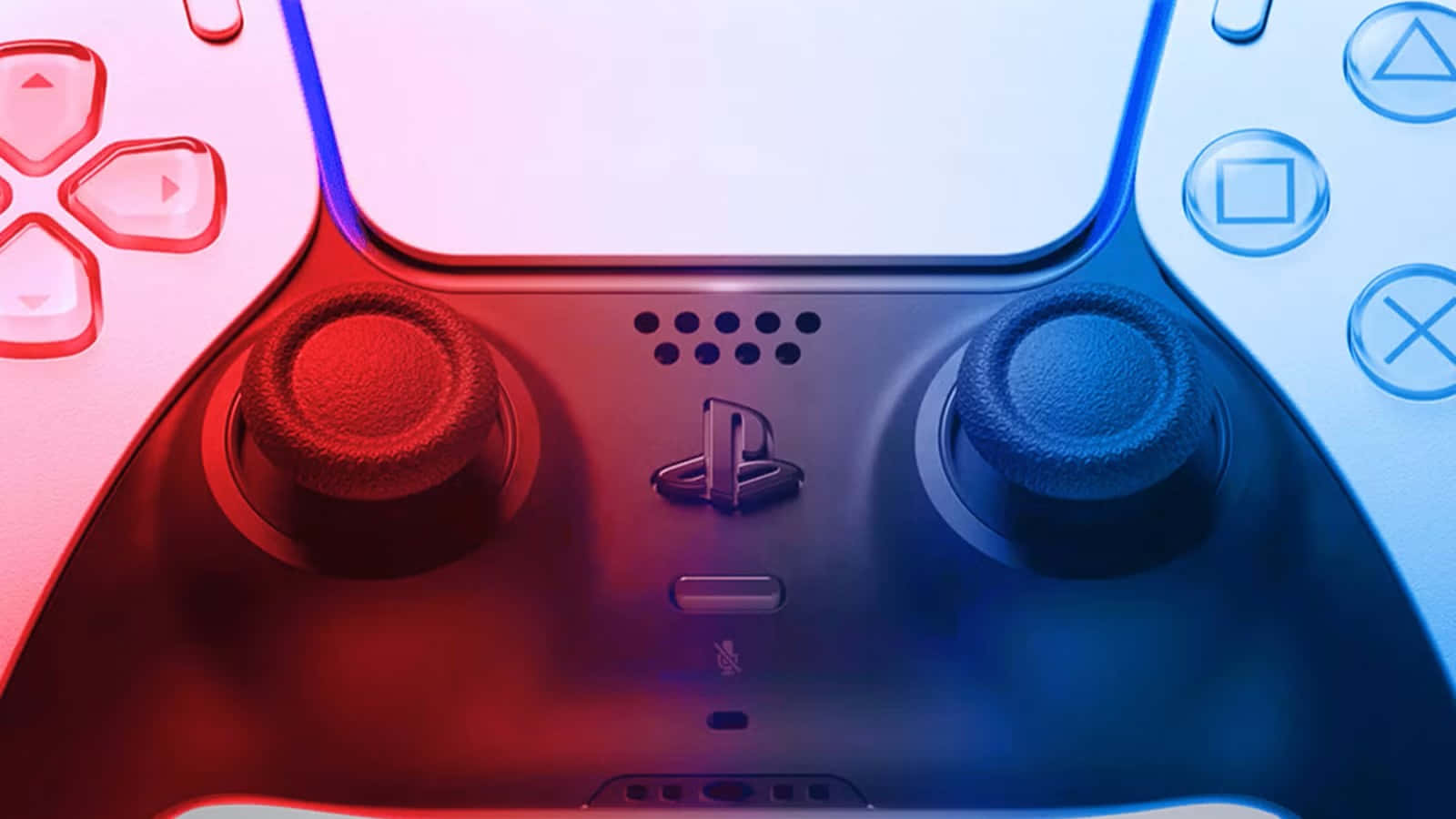 Ps5 Controller, vibrant red and blue lighting, textured analog sticks, HD Desktop Wallpaper
