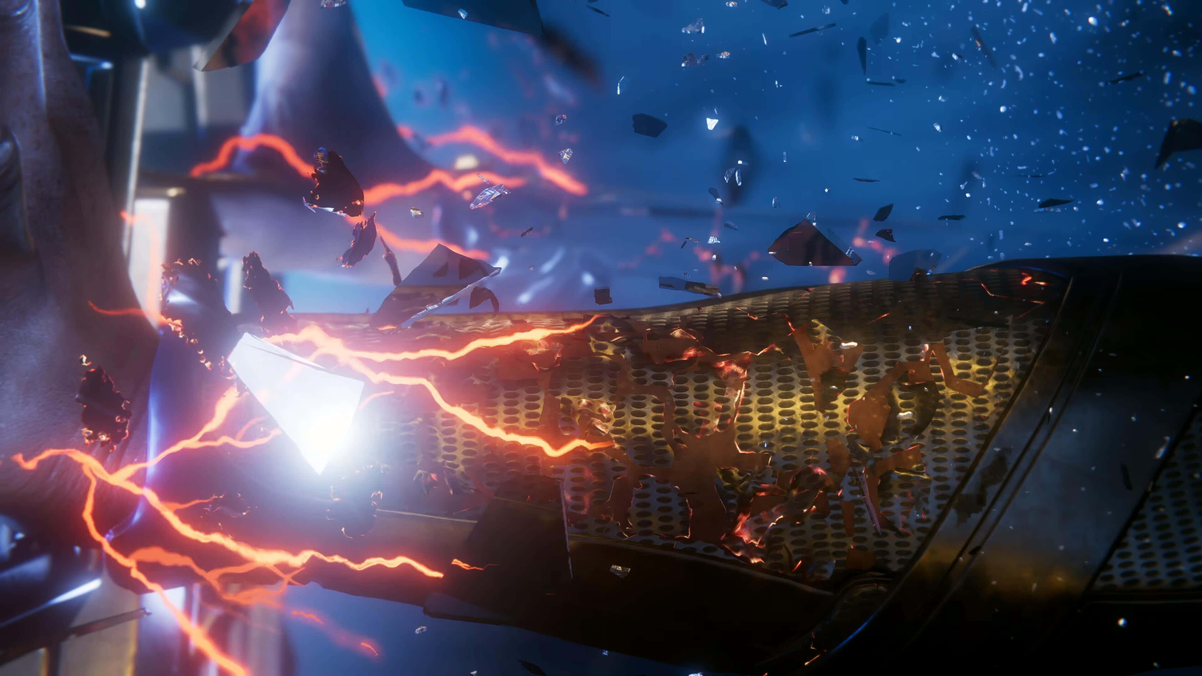 PS5 Games, orange lightning, shattered glass fragments, 4K Desktop Wallpaper