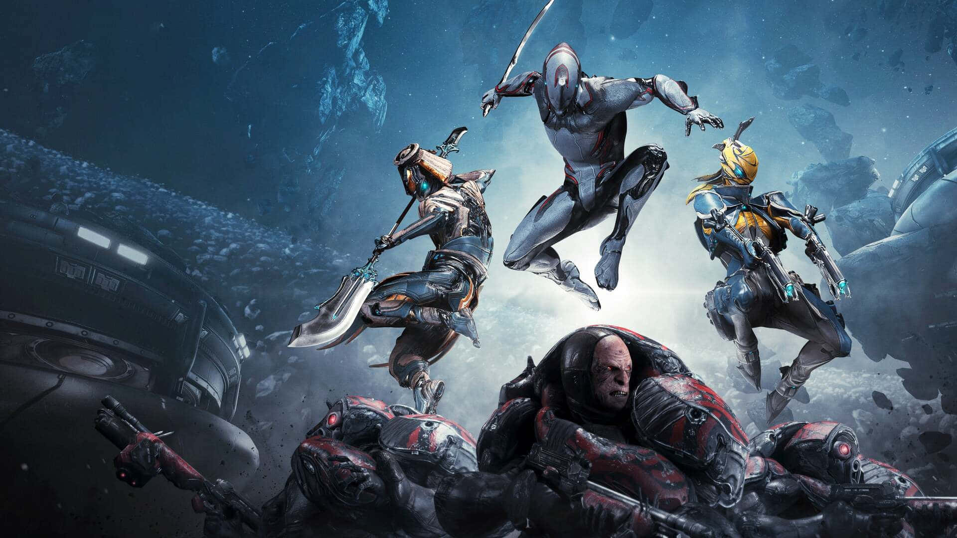 PS5, Four armored warriors, shattered spaceship wreckage, Full HD Desktop Wallpaper