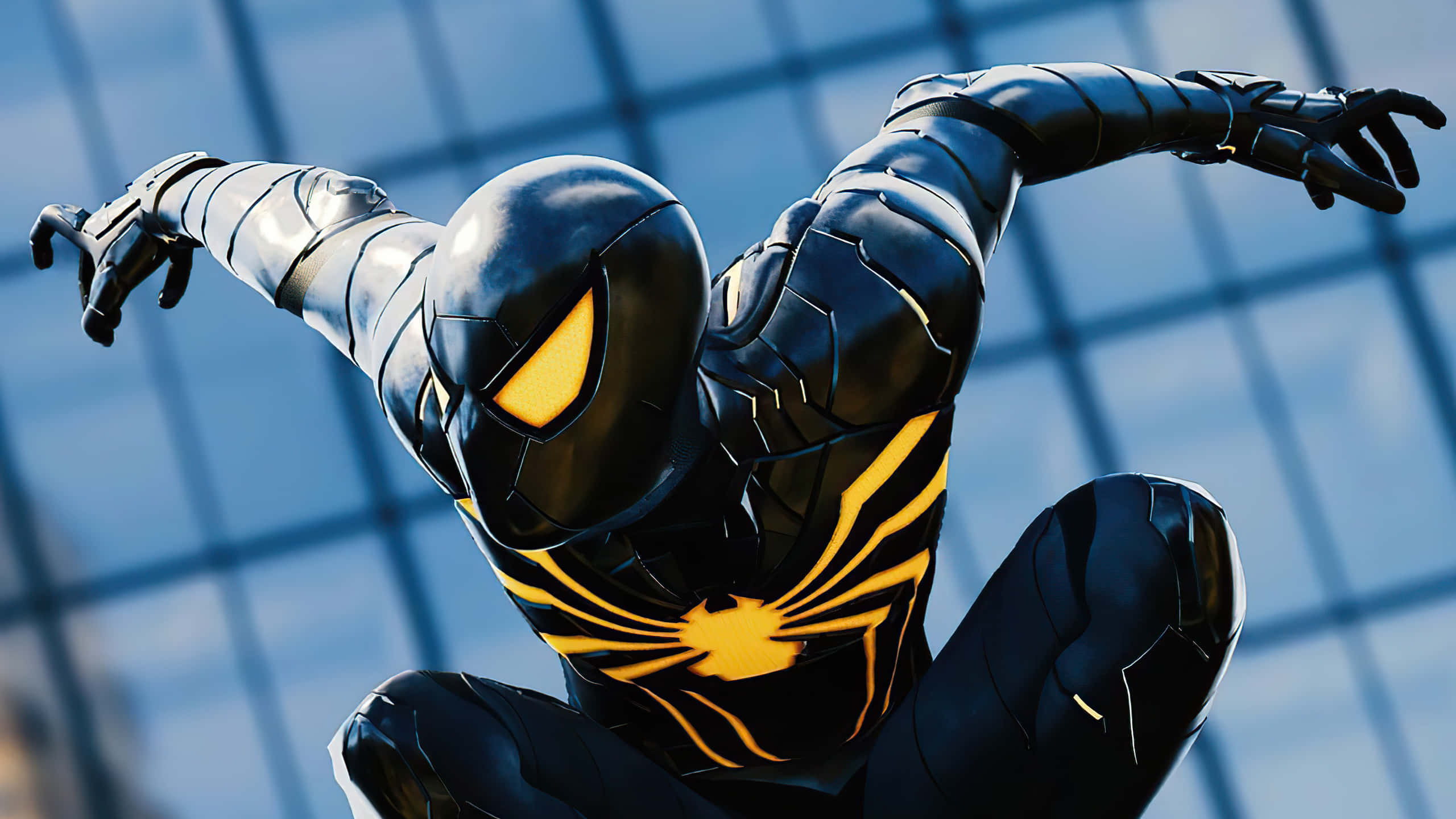 PS5, black and yellow armored spider hero, blue glass building, 2K Desktop Wallpaper