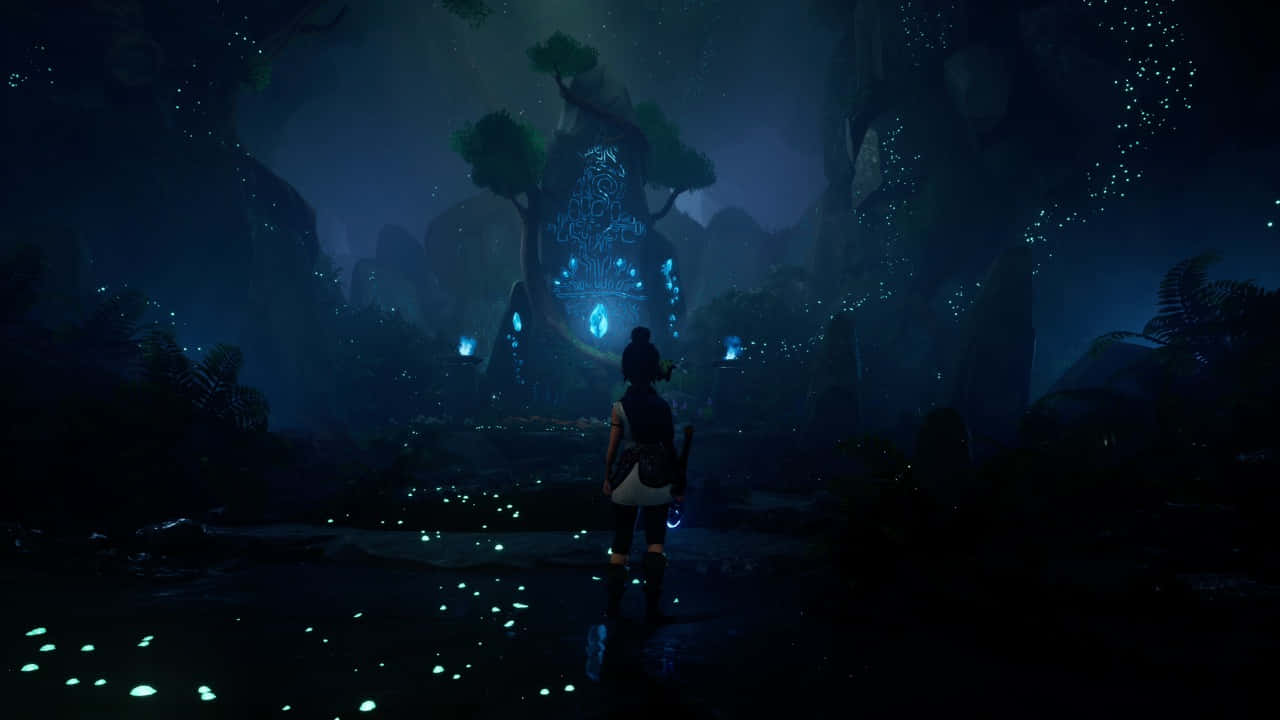 PS5, mystical dark forest, glowing blue lights, HD Desktop Wallpaper