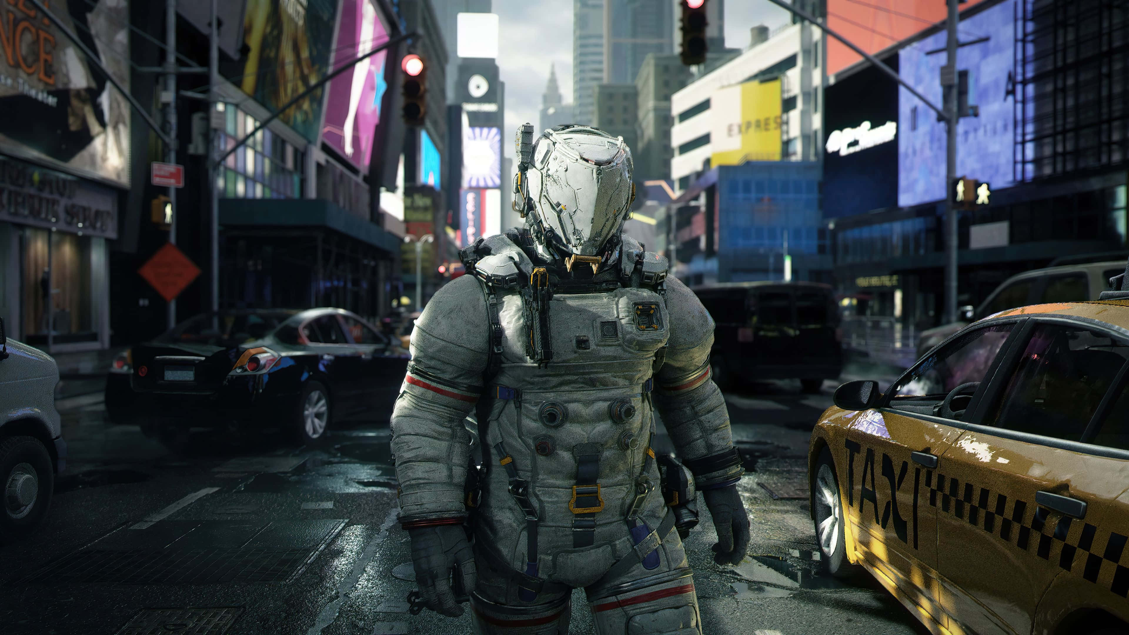 PS5, neon-lit streets, futuristic city, 4K Desktop Wallpaper