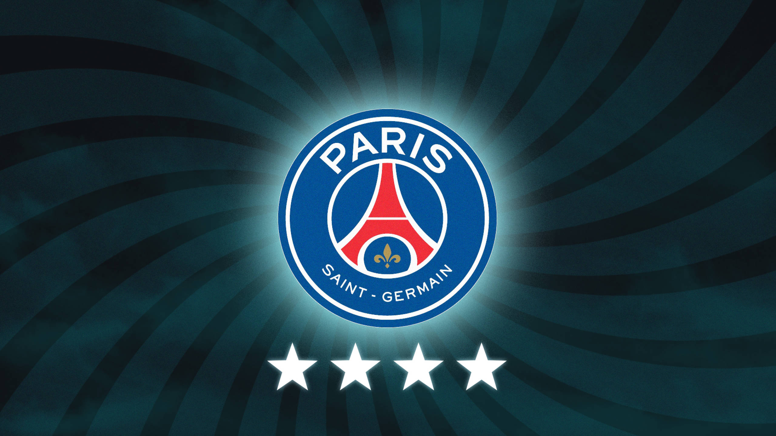 PSG Logo, dark swirling background, four white stars, 2K Desktop Wallpaper