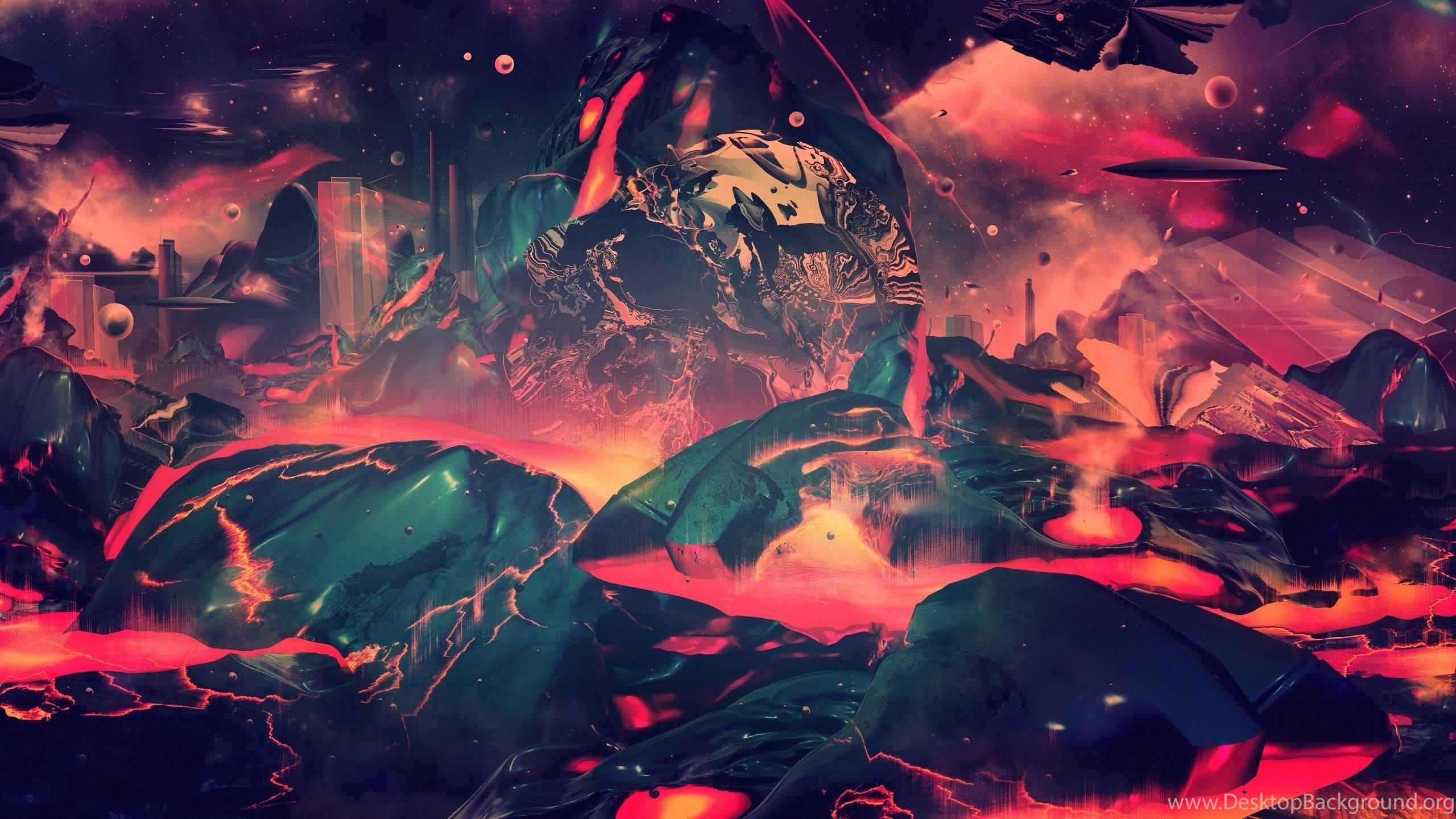 lava psychedelic 4k, shattered alien planet, glowing red lava rivers, 2K Desktop Wallpaper