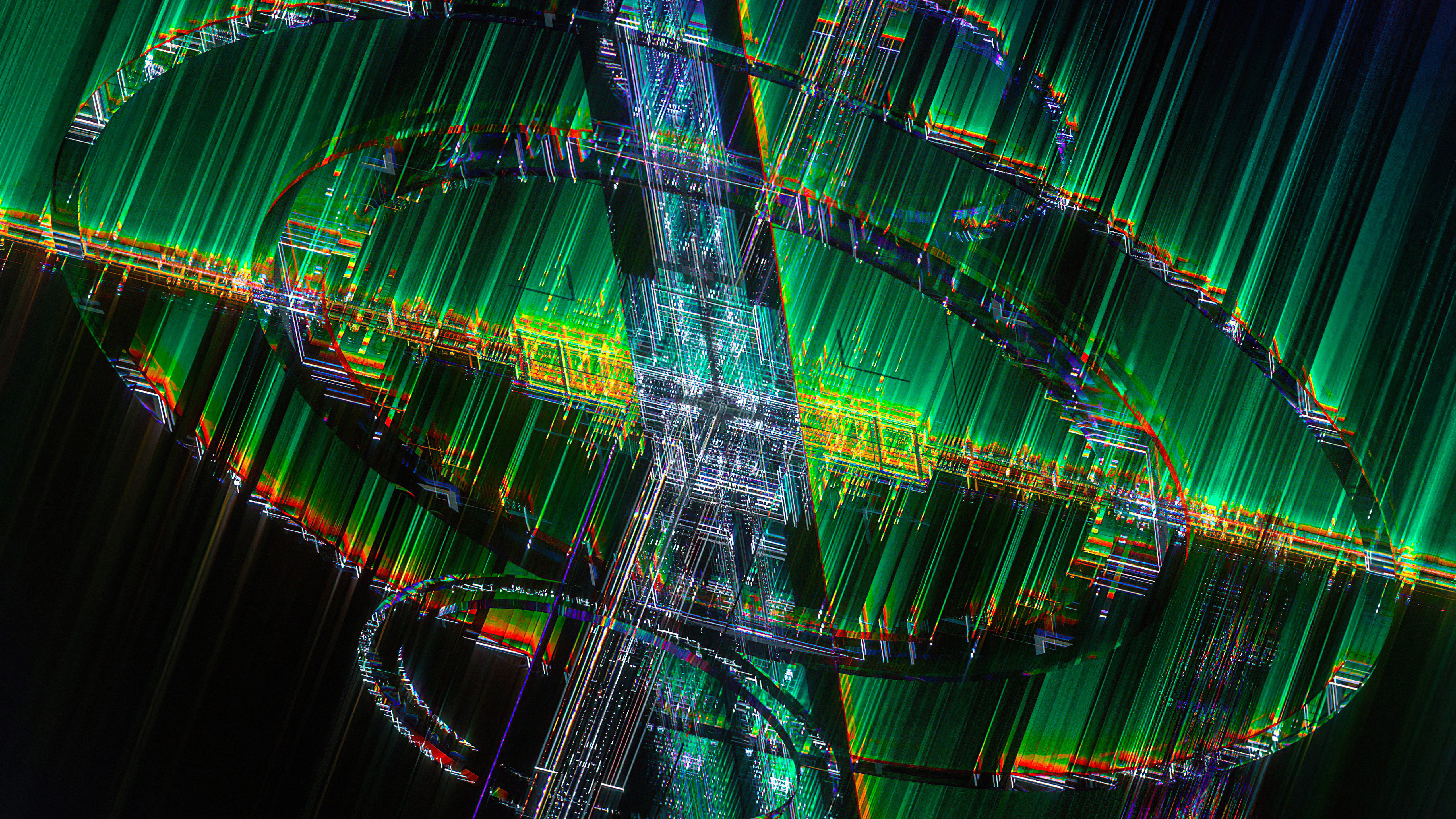 Stretched Light Psychedelic 4K, vibrant green, purple light trails, 5K Desktop Wallpaper