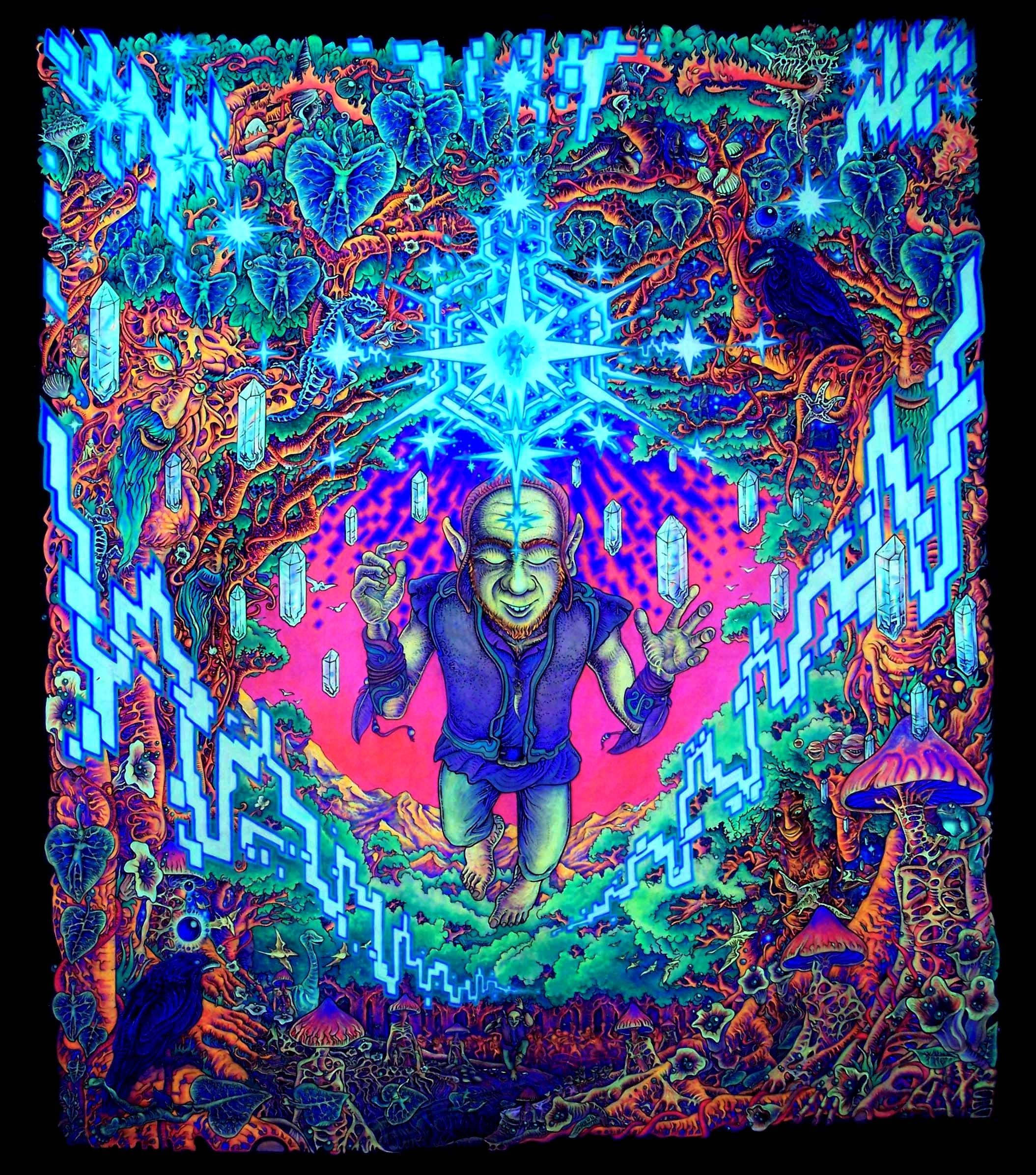 glowing blue starburst, smiling elf-like figure, psychedelic flora, Full HD Phone Wallpaper