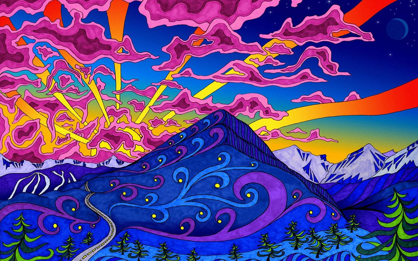 psychedelic mountain landscape, swirling purple clouds, winding road, HD Desktop Wallpaper