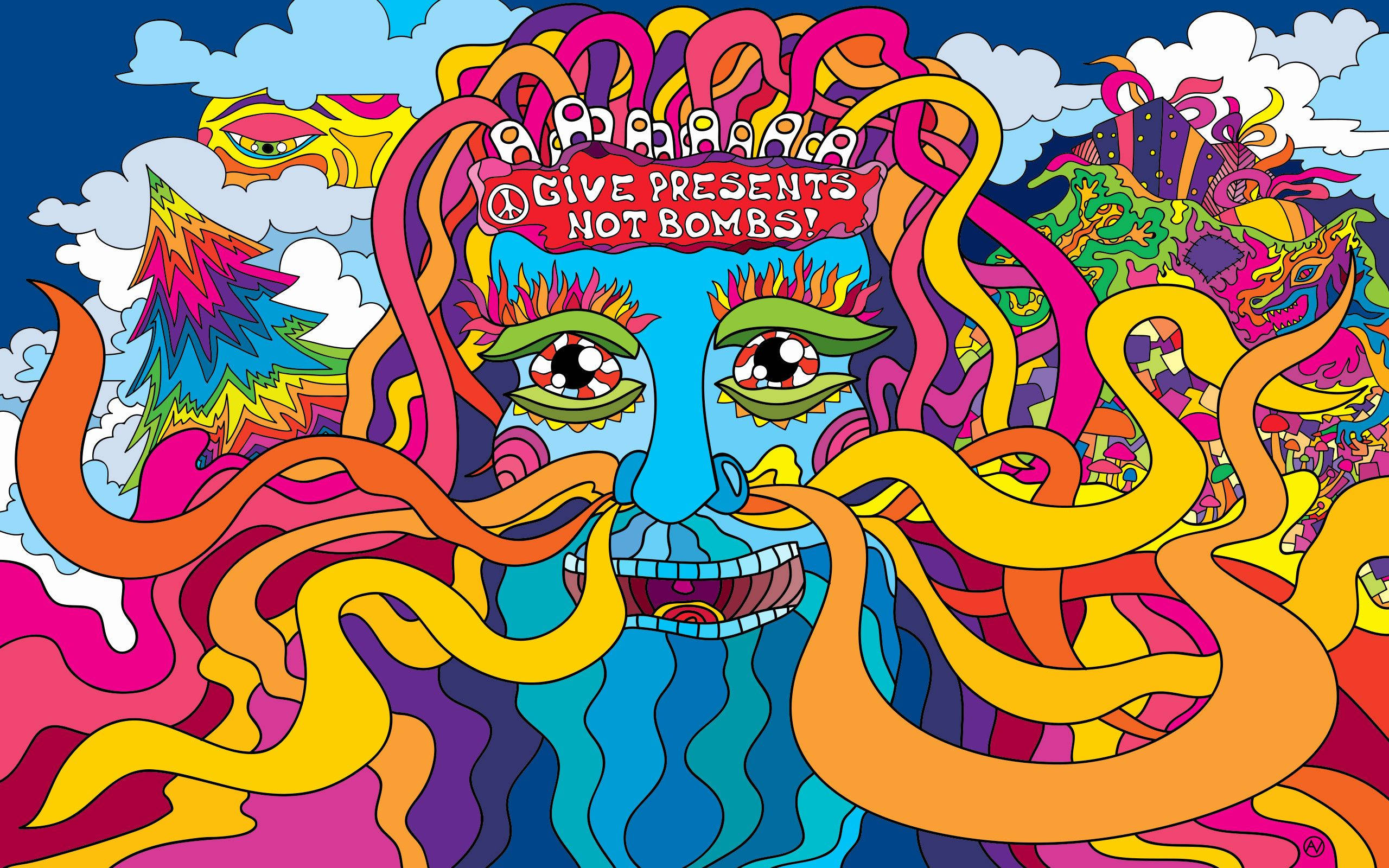 Hippie Psychedelic 4K, blue face, flowing colorful tentacles, 2K Desktop Wallpaper
