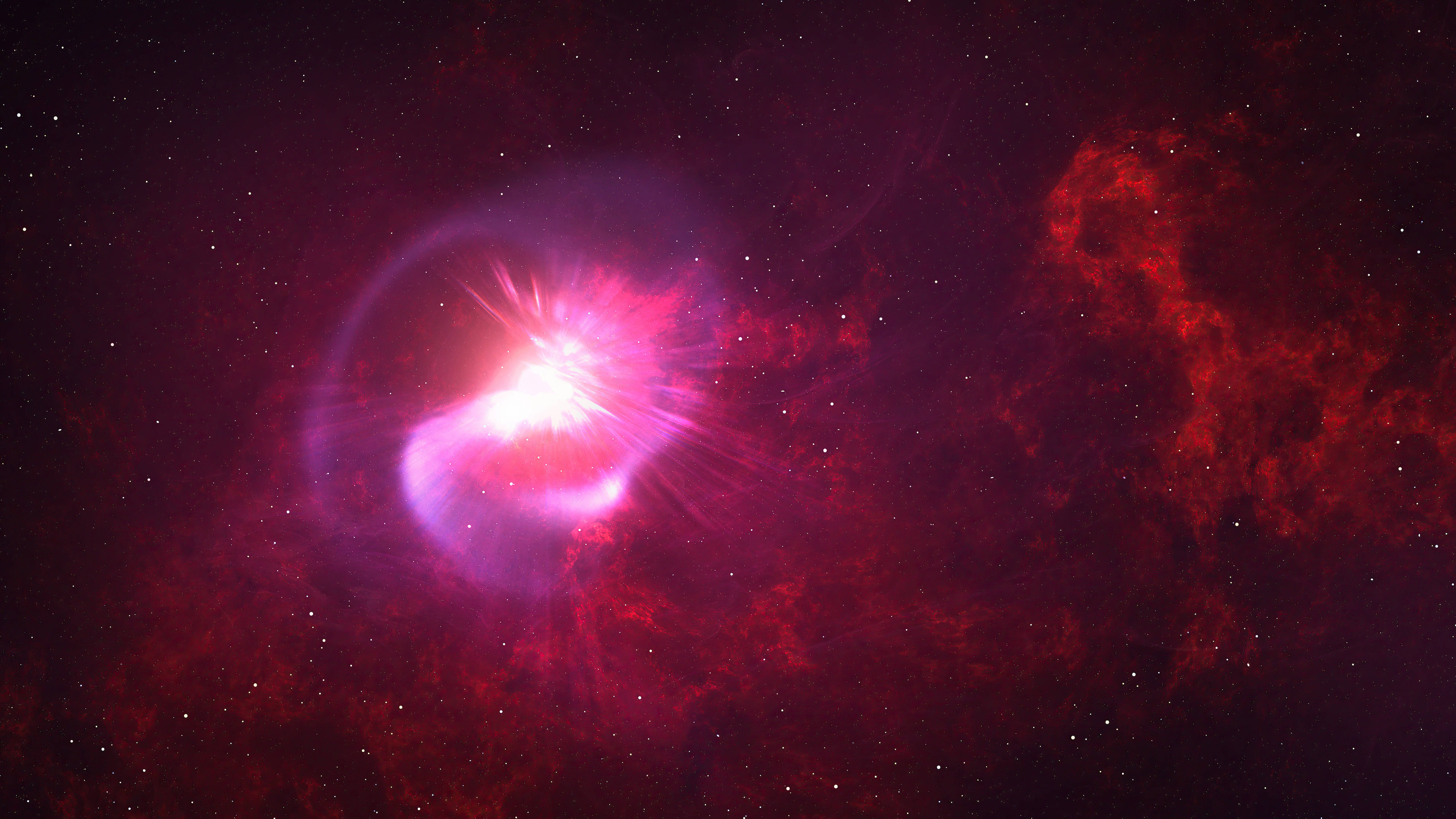 purple nebula, vibrant pink and red hues, star-speckled dark space backdrop, 5K Desktop Wallpaper