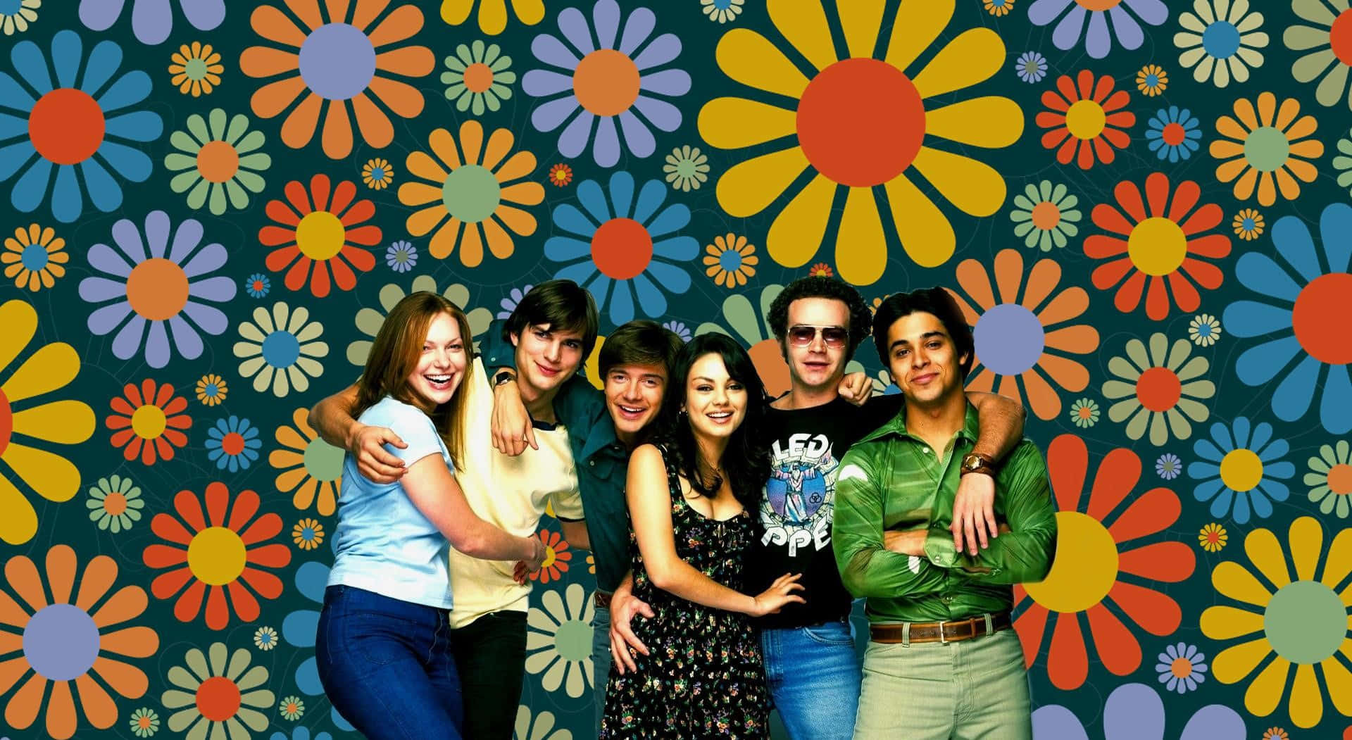 Psychedelic 70s Aesthetic, retro floral patterned backdrop, six smiling young adults, Full HD Desktop Wallpaper