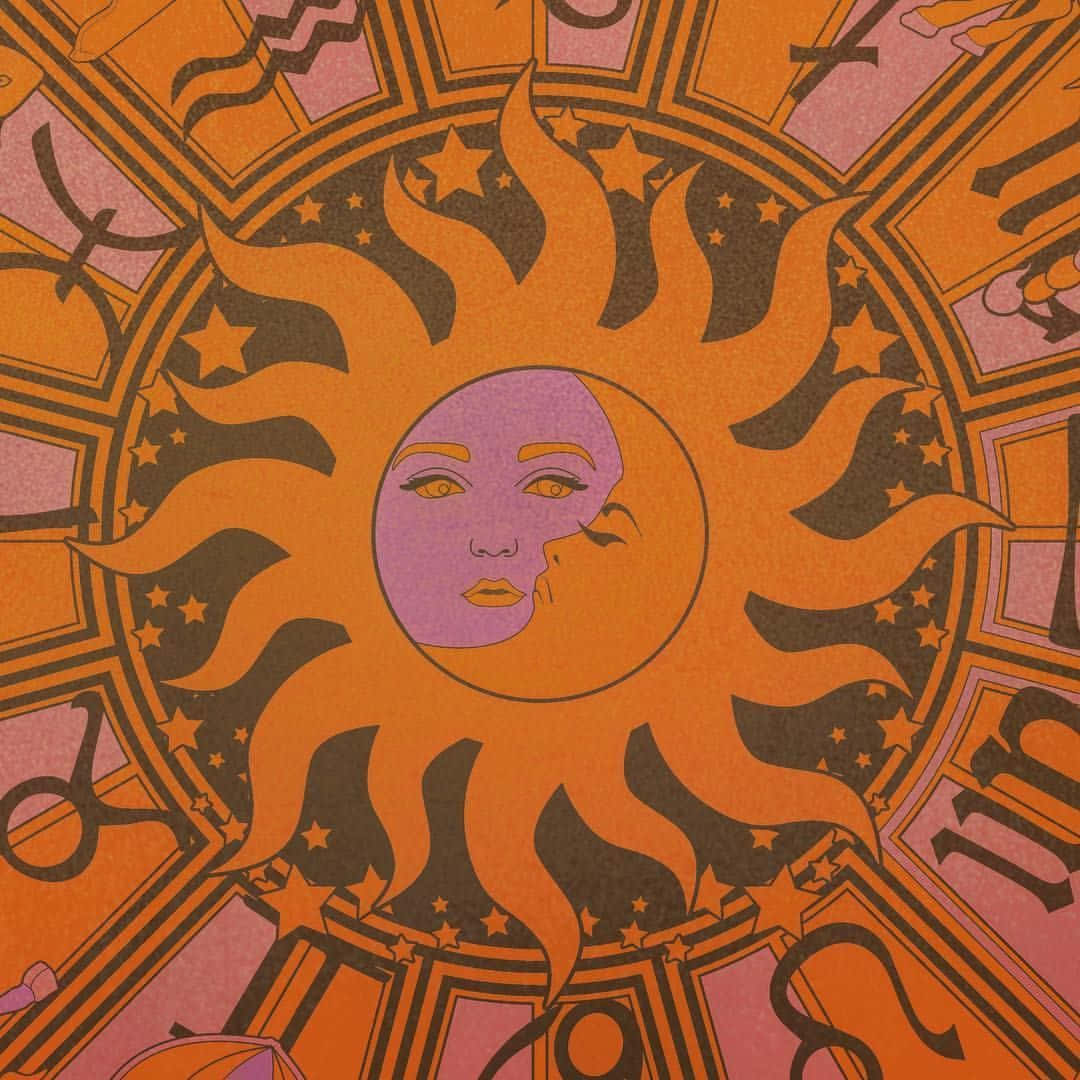 Psychedelic 70s Aesthetic, sun with a human face, crescent moon, SD Desktop Wallpaper