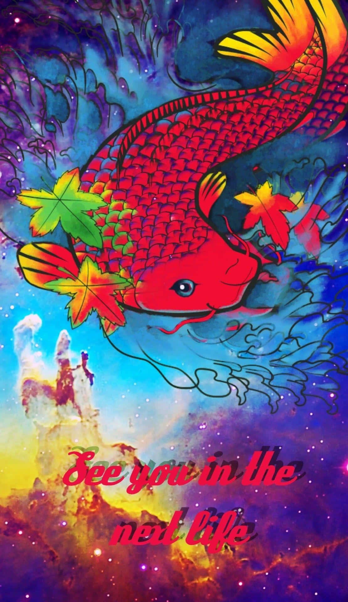 vibrant red koi fish, cosmic nebula, glowing maple leaves, Full HD Phone Wallpaper