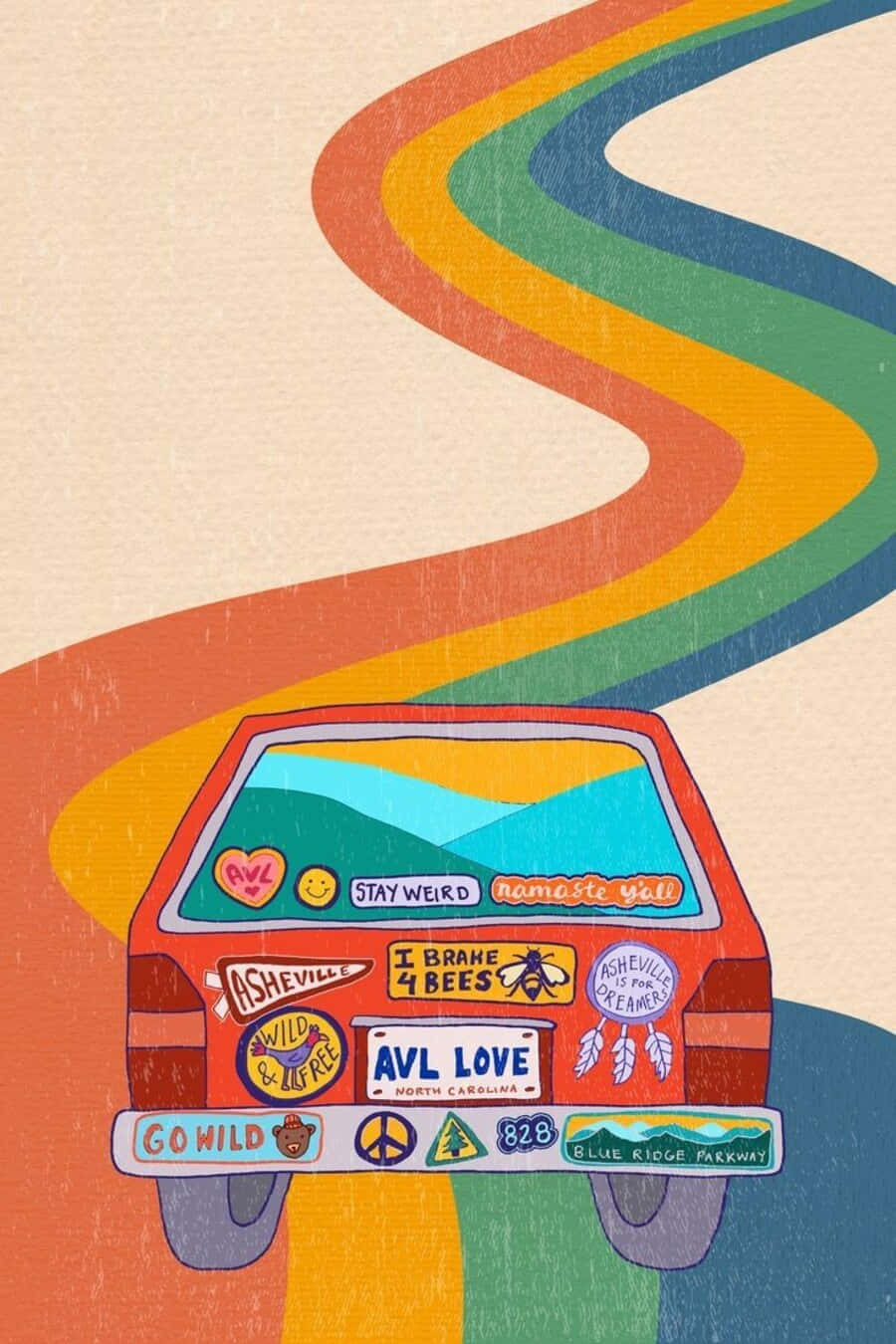 Psychedelic 70s Aesthetic, red vintage car, Asheville stickers, HD Phone Wallpaper
