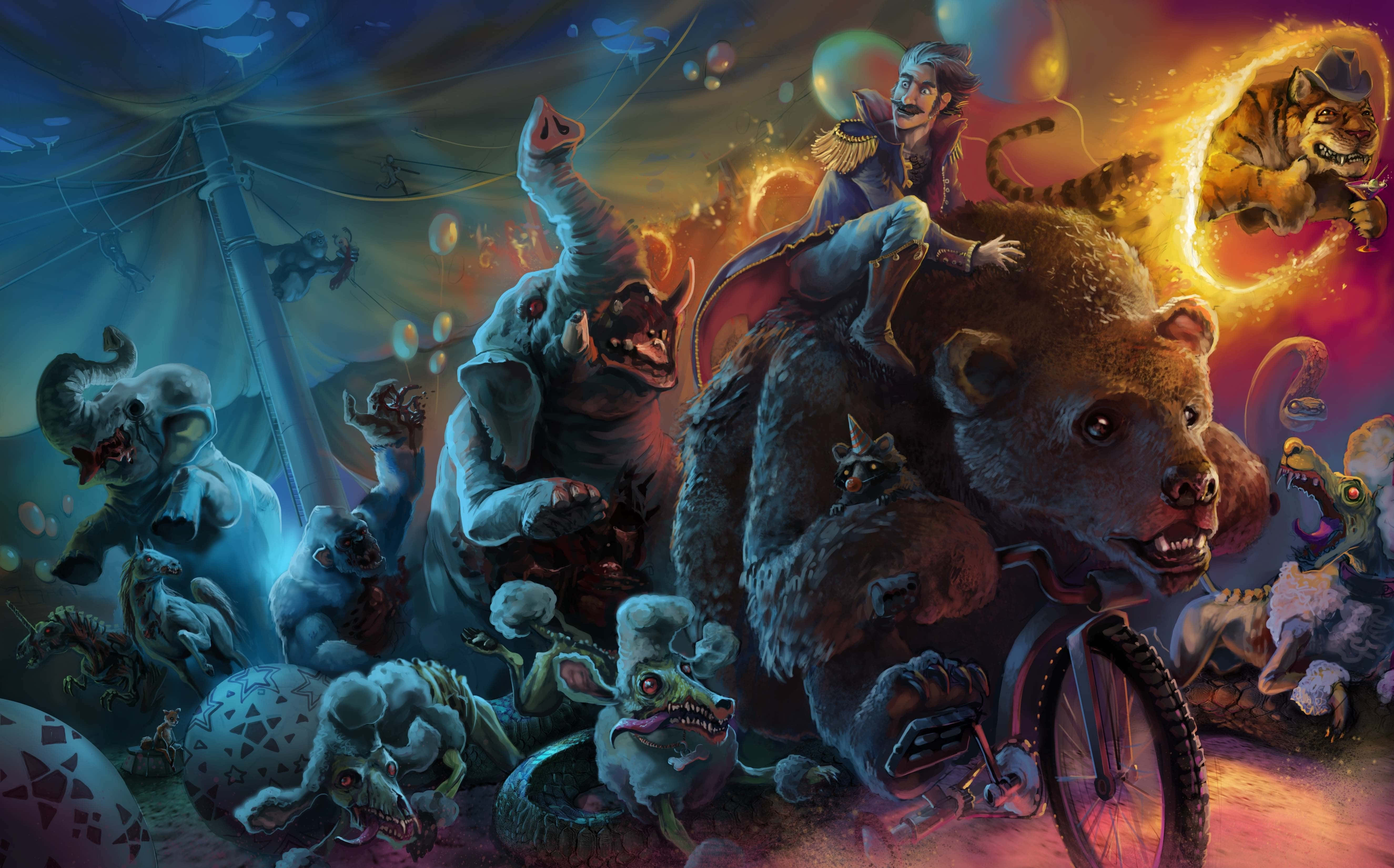 Psychedelic Animals, surreal circus scene, monstrous creatures, 5K Desktop Wallpaper