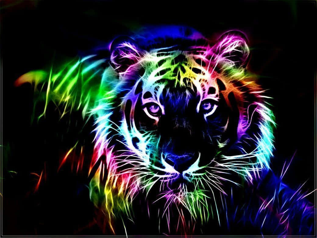 neon tiger head, electric rainbow colors, black background, SD Desktop Wallpaper