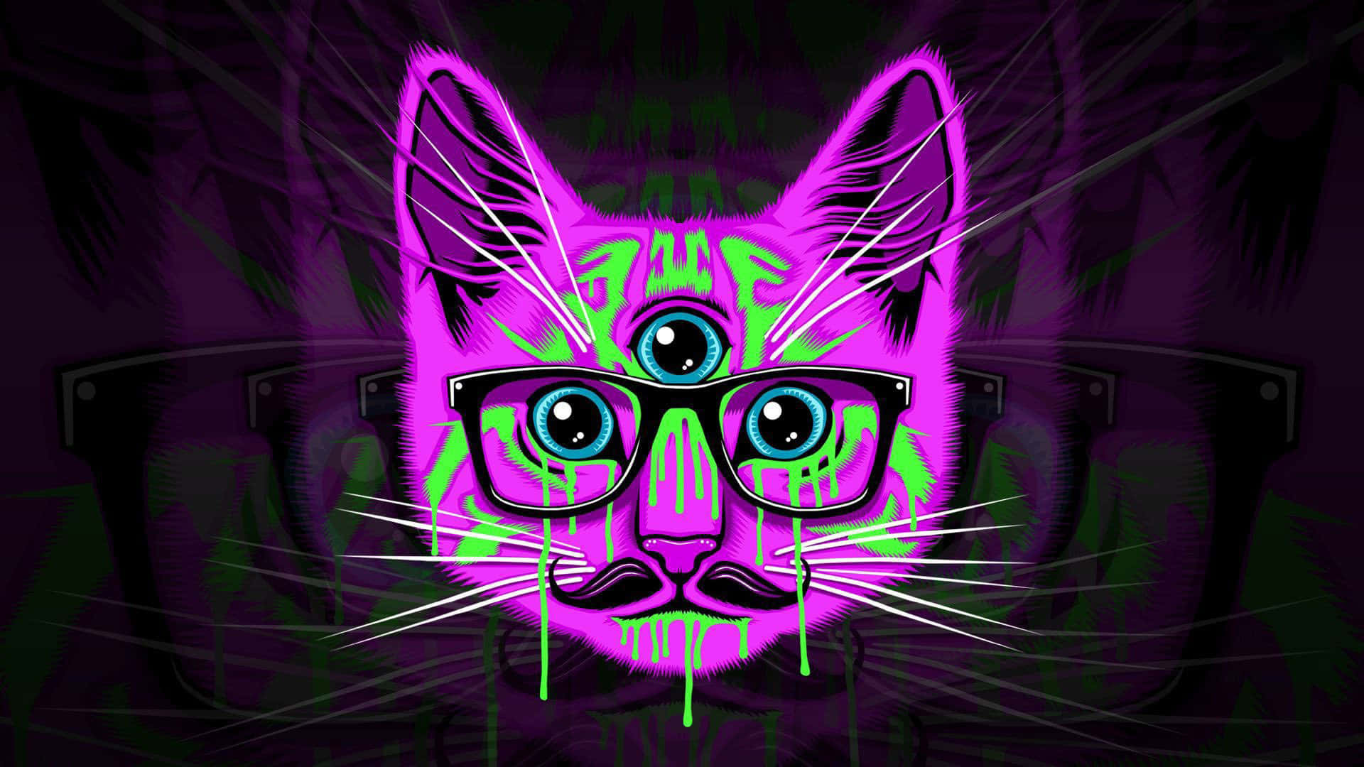 neon-pink cat, glowing green graffiti, three eyes, Full HD Desktop Wallpaper