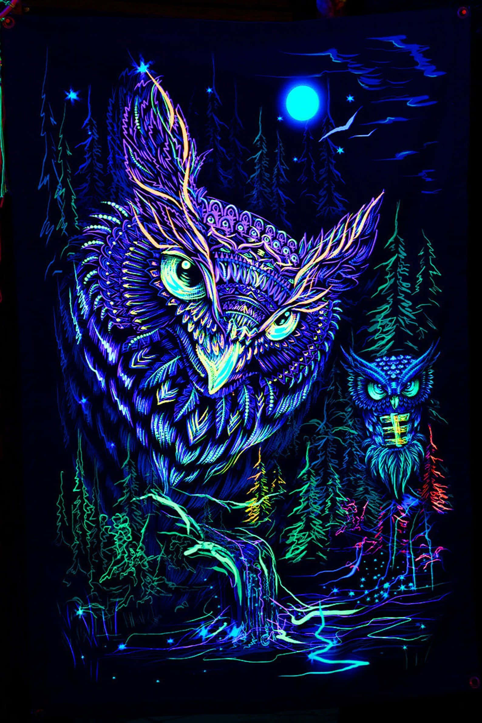 neon owl, intricate patterns, dark forest, Full HD Phone Wallpaper
