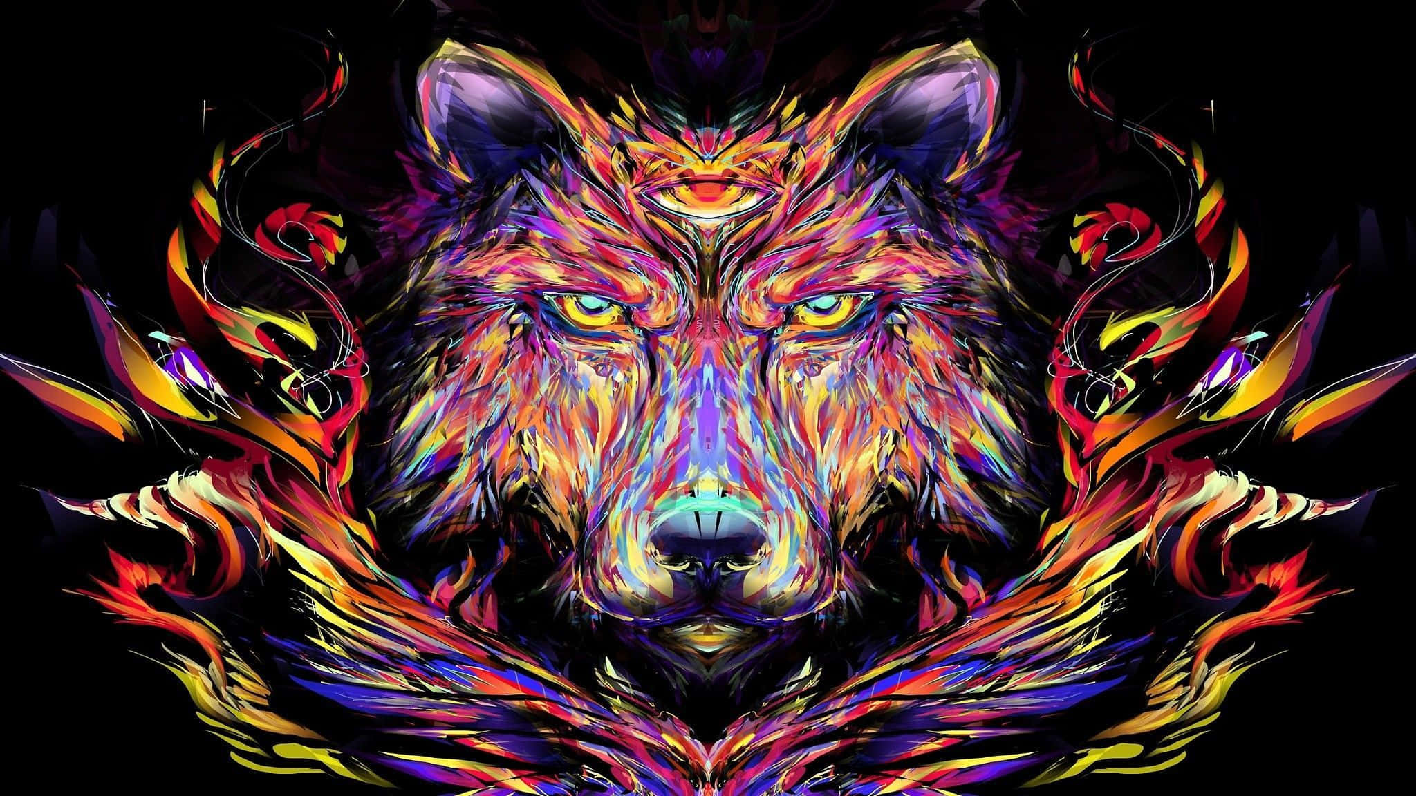 Psychedelic Animals, digital-art wolf, glowing eyes, Full HD Desktop Wallpaper