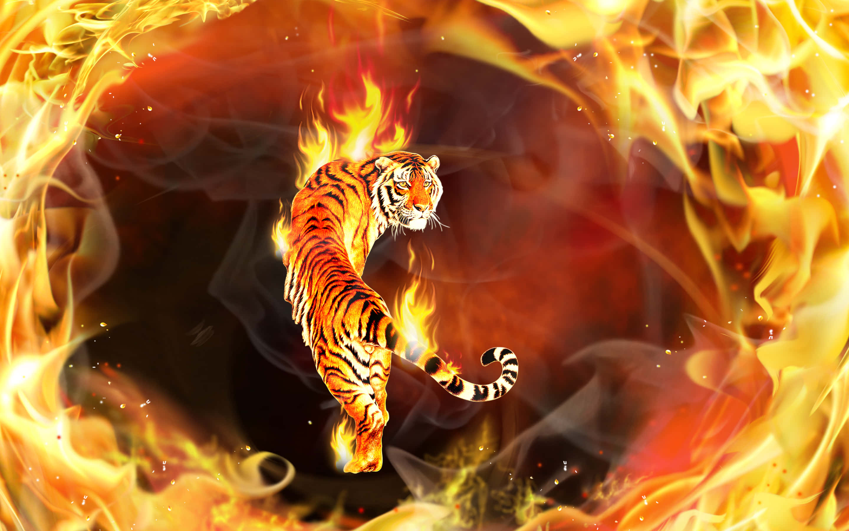 psychedelic animals, tiger, flames, 2K Desktop Wallpaper