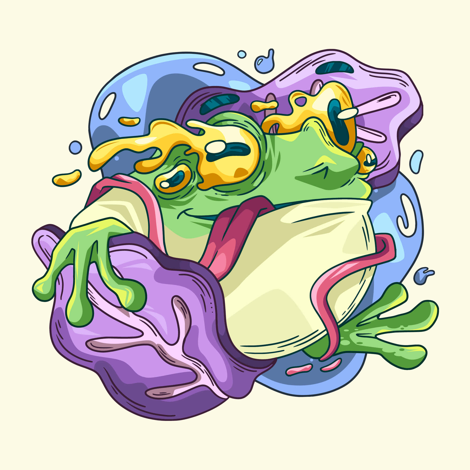 cartoon frog, melting yellow eyes, dripping limbs, Full HD Desktop Wallpaper