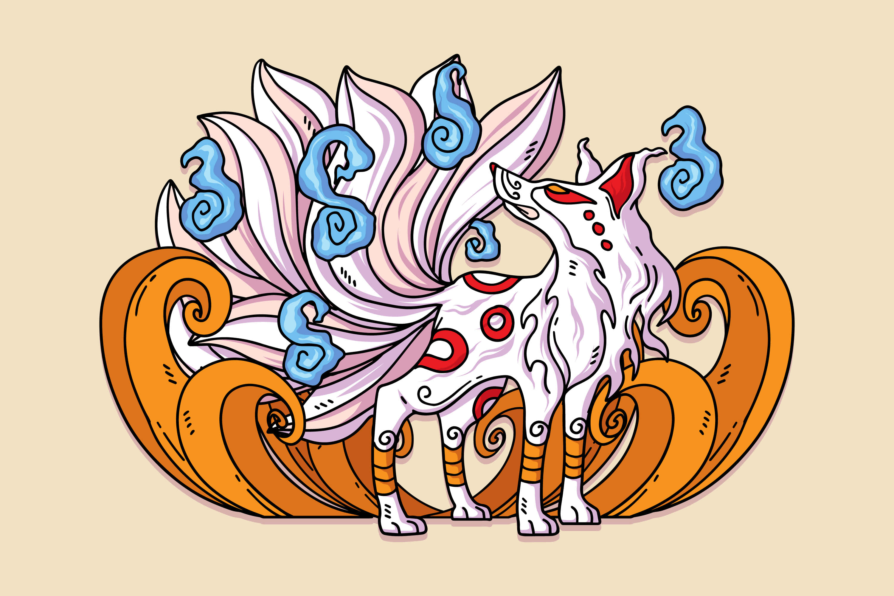 nine-tailed fox, white fur, red markings, 2K Desktop Wallpaper