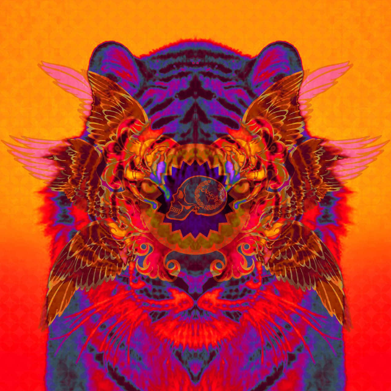 psychedelic tiger, wings, skull emblem, HD Desktop Wallpaper