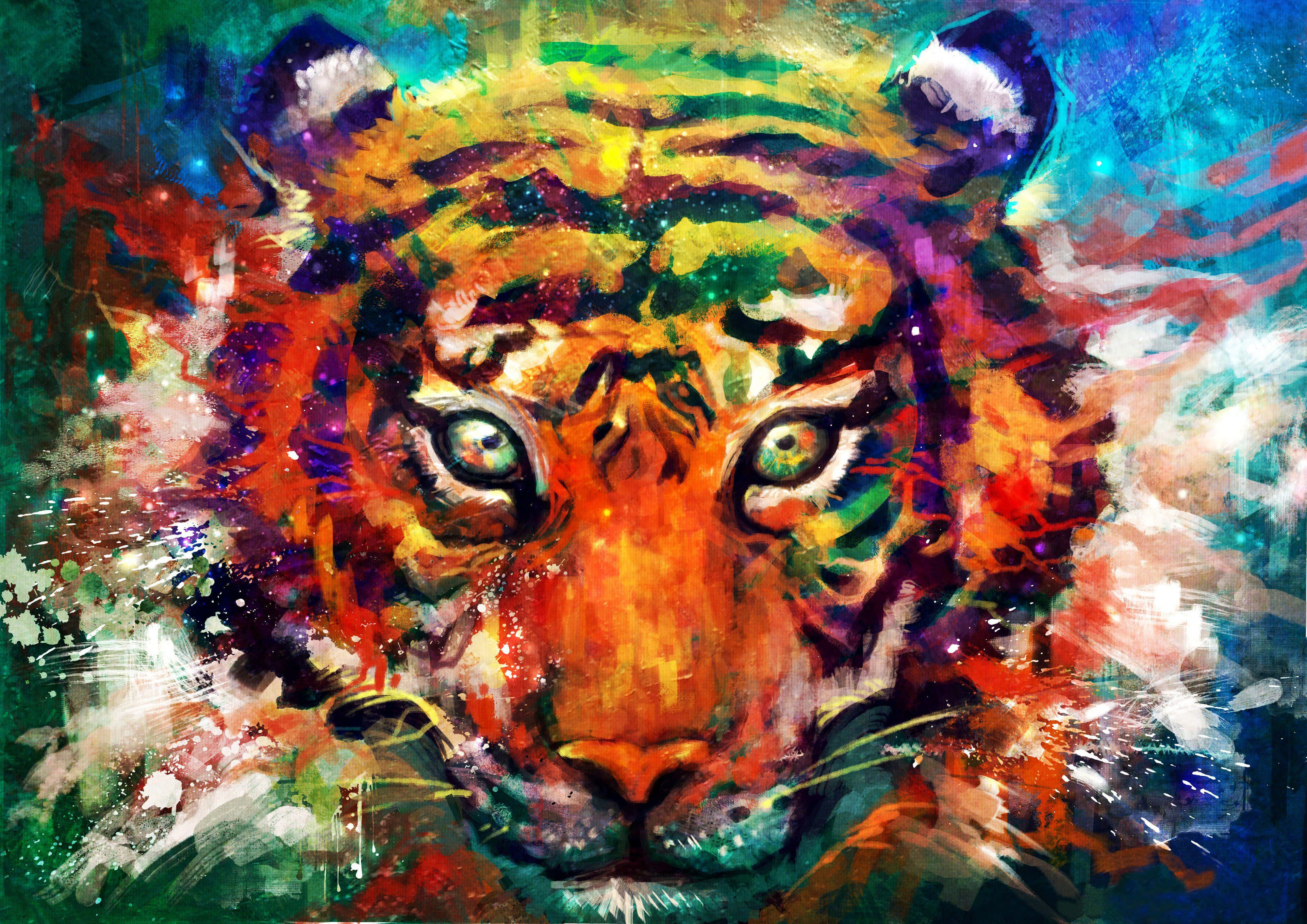 tiger, swirling rainbow colors, expressive green eyes, 4K Desktop Wallpaper