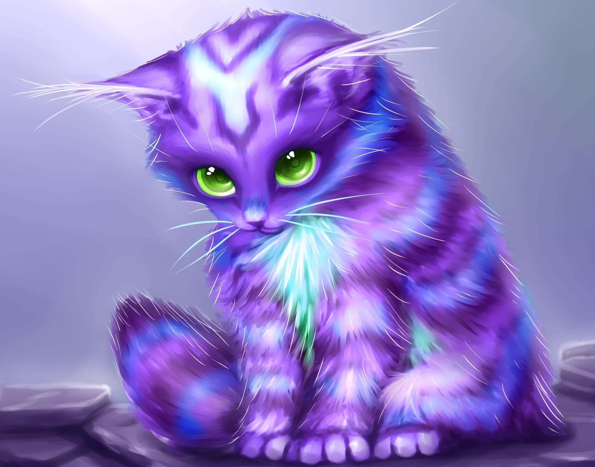 Psychedelic Animals, fluffy purple and blue cat, glowing green eyes, Full HD Desktop Wallpaper