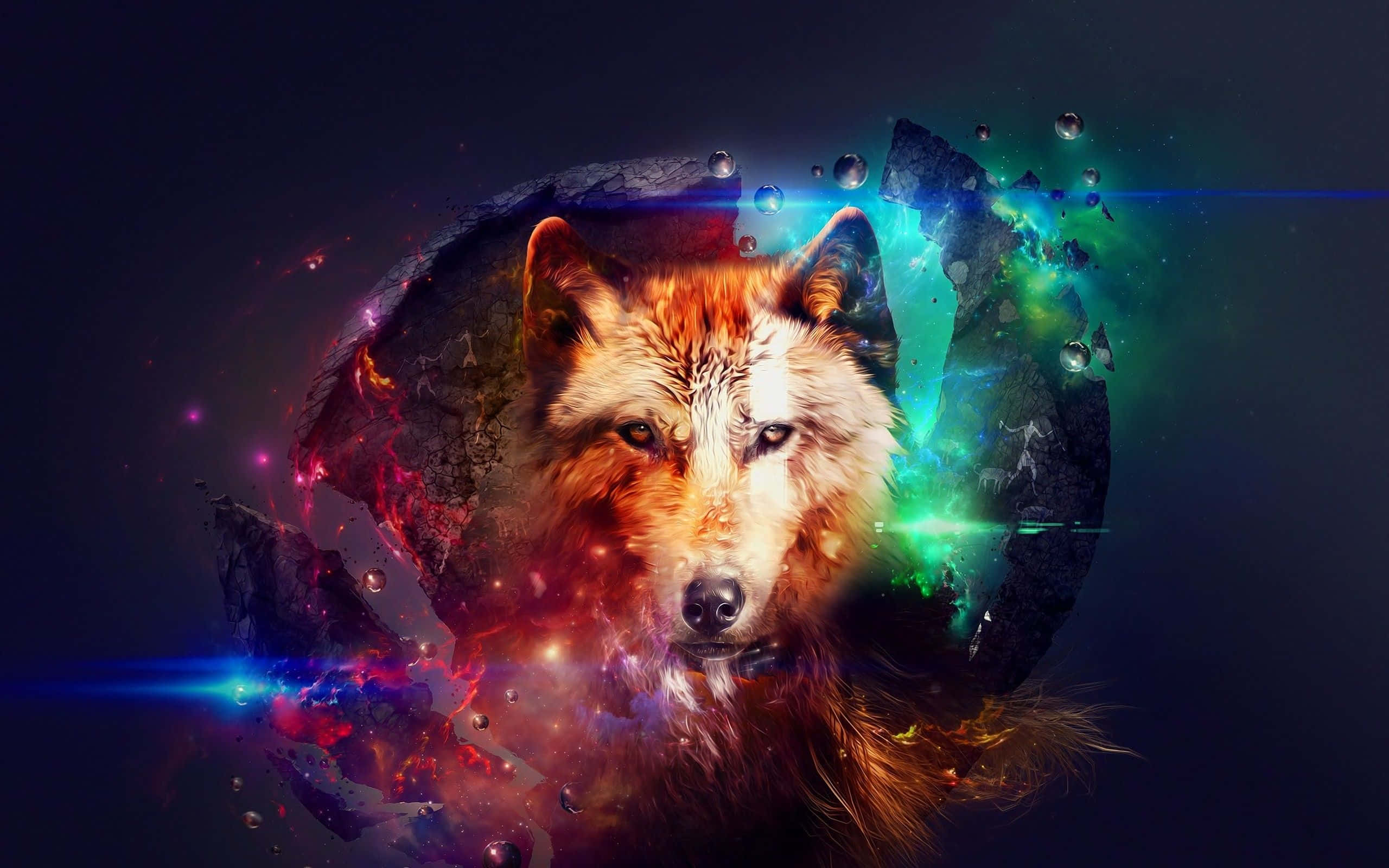 Psychedelic Animals, wolf, cosmic sphere, 2K Desktop Wallpaper