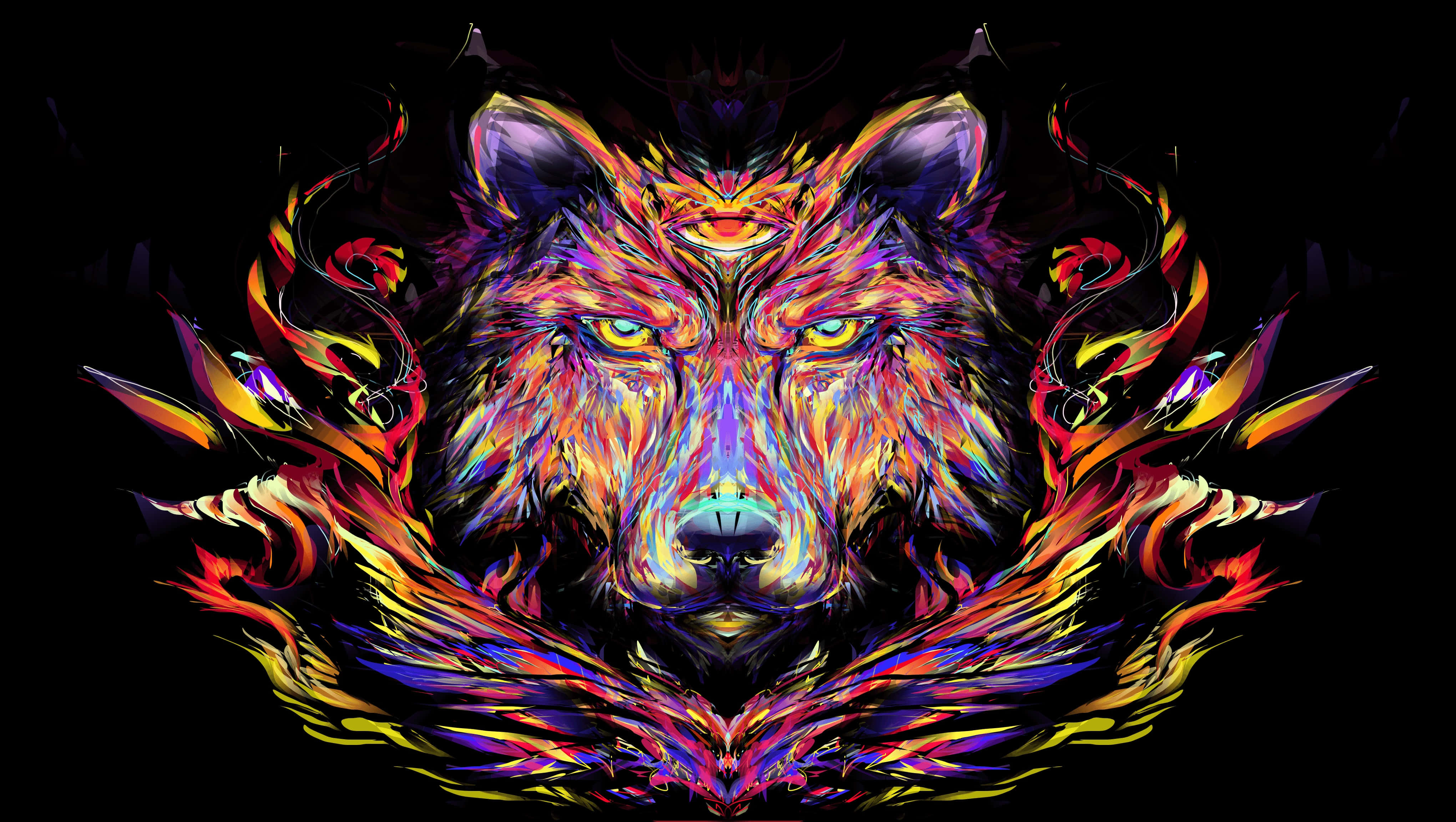symmetrical digital-art wolf head, glowing eyes, fiery multicolored fur, 4K Desktop Wallpaper