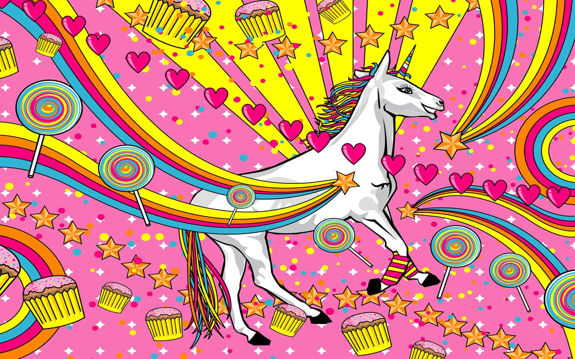 Psychedelic Animals, cartoon unicorn, candy-filled sky, Full HD Desktop Wallpaper